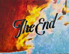 The end II figurative oil painting small scale landscape text colors 60's movie 