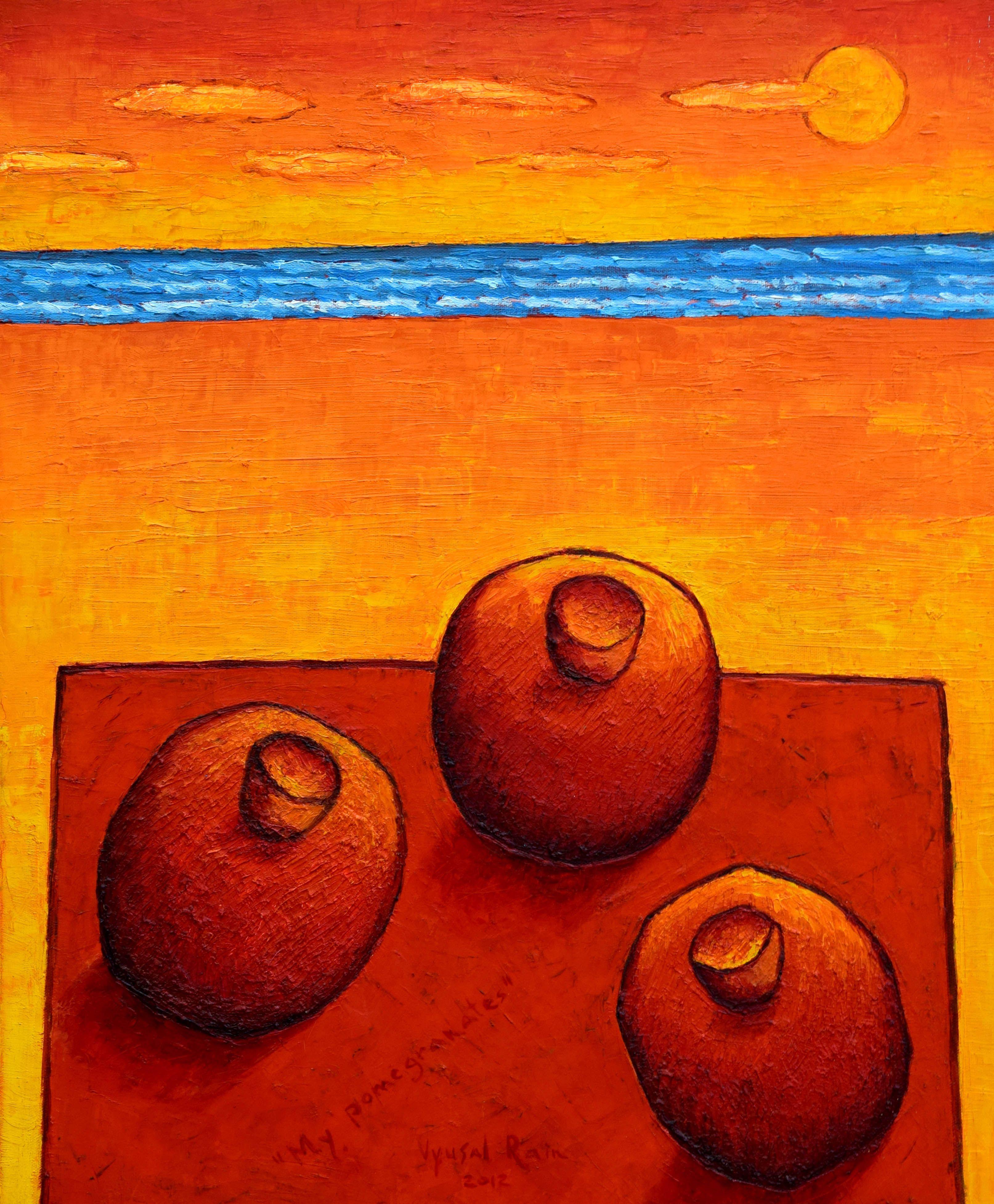 Still life with pomegranets at the back ground of beach.   :: Painting :: Modern :: This piece comes with an official certificate of authenticity signed by the artist :: Ready to Hang: Yes :: Signed: Yes :: Signature Location: Front and back ::