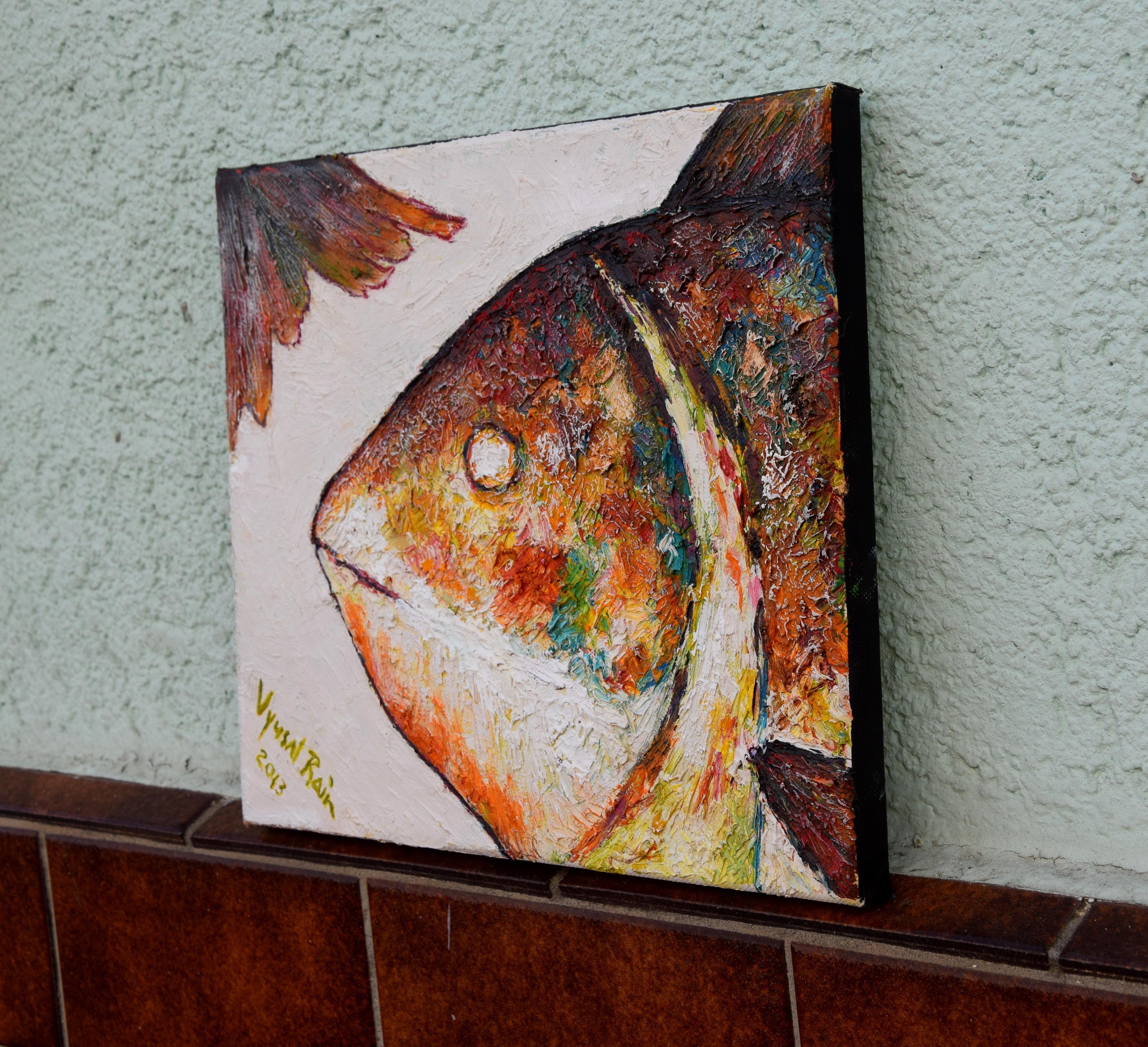 Gezeichneter Fischkopf und Schwanz, Gemälde, Öl auf Leinwand (Impressionismus), Painting, von Vyusal Rain