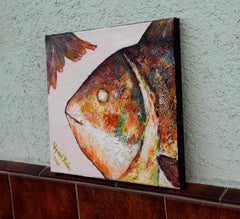 Testa e coda di pesce arrosto, Pittura, Olio su tela