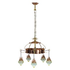 W. A. S. Benson. Arts & Crafts Copper & Brass Chandelier with 5 Vaseline Shades