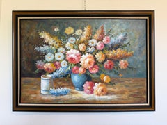 Gran bodegón floral Pintura al óleo original sobre lienzo Firmado W. Adams Enmarcado