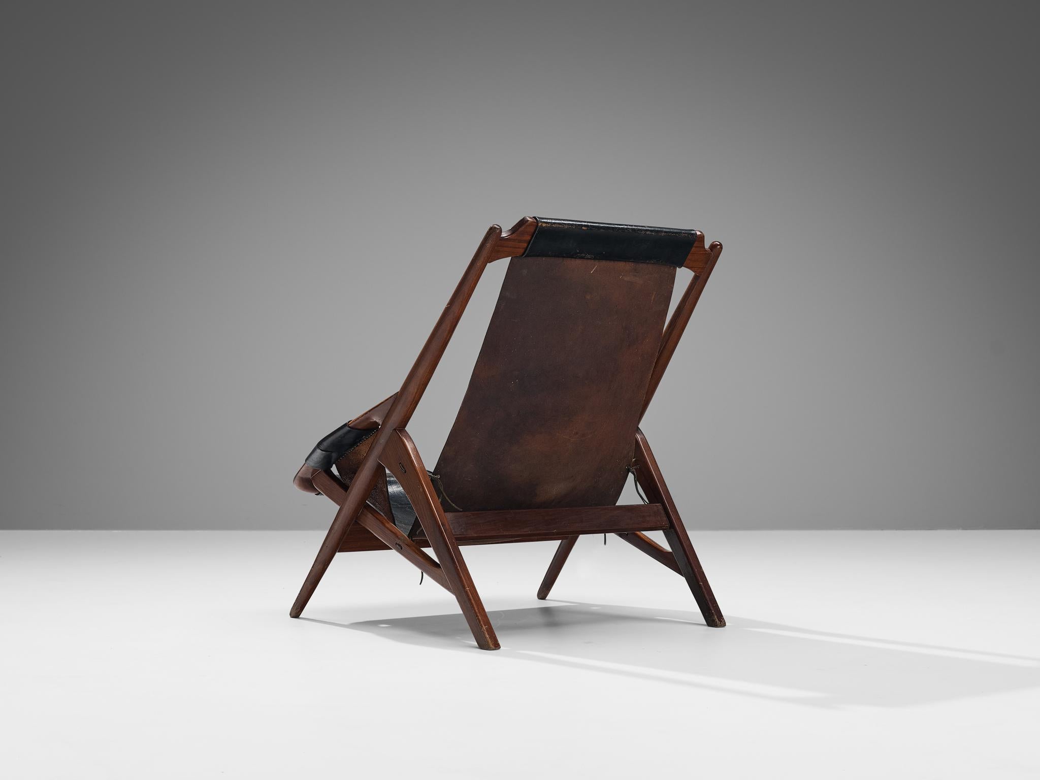 Mid-20th Century W. Andersag Lounge Chair in Patinated Black Leather and Teak  For Sale
