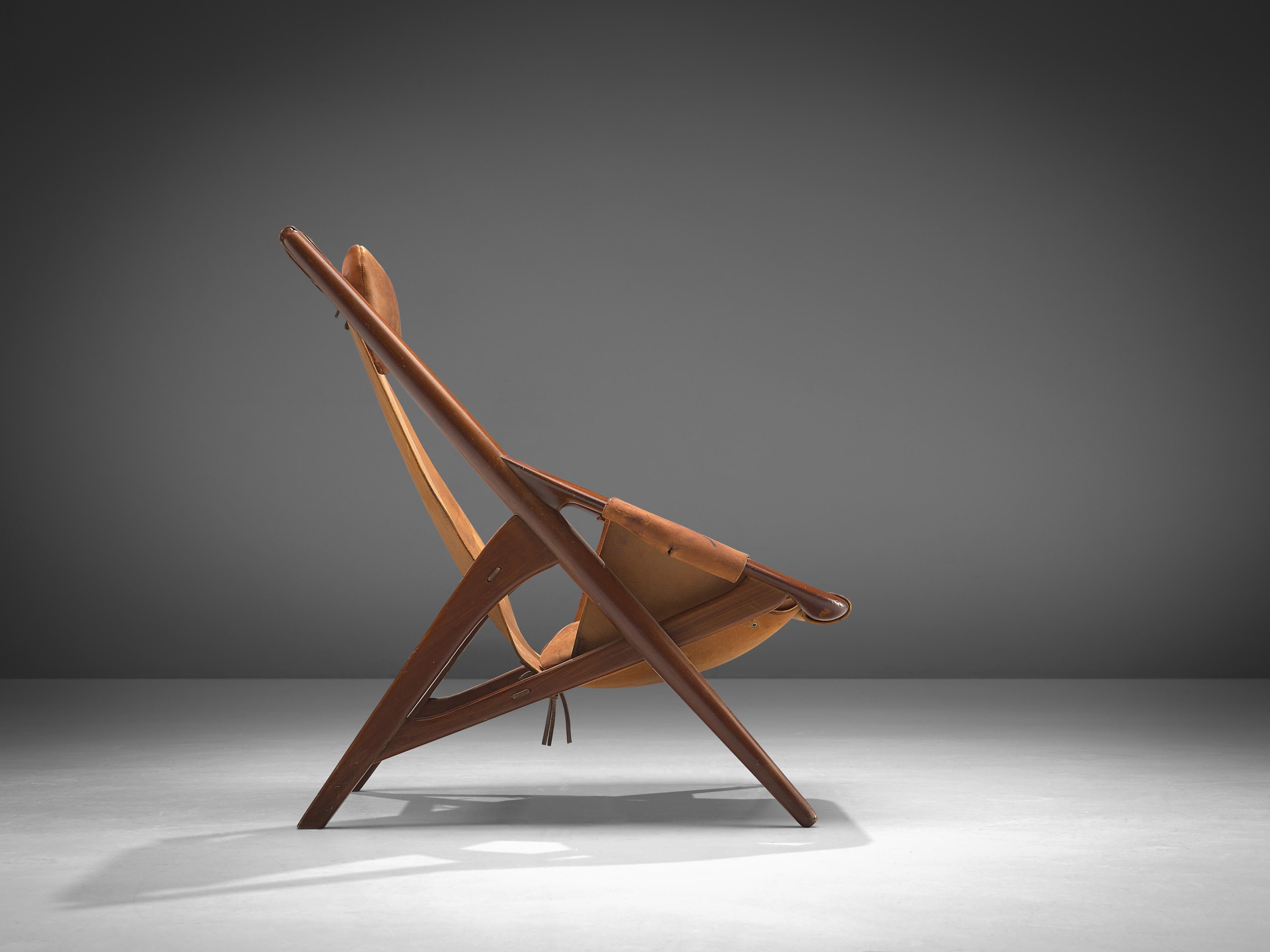 Italian W. Andersag Lounge Chair in Patinated Cognac Leather and Teak 