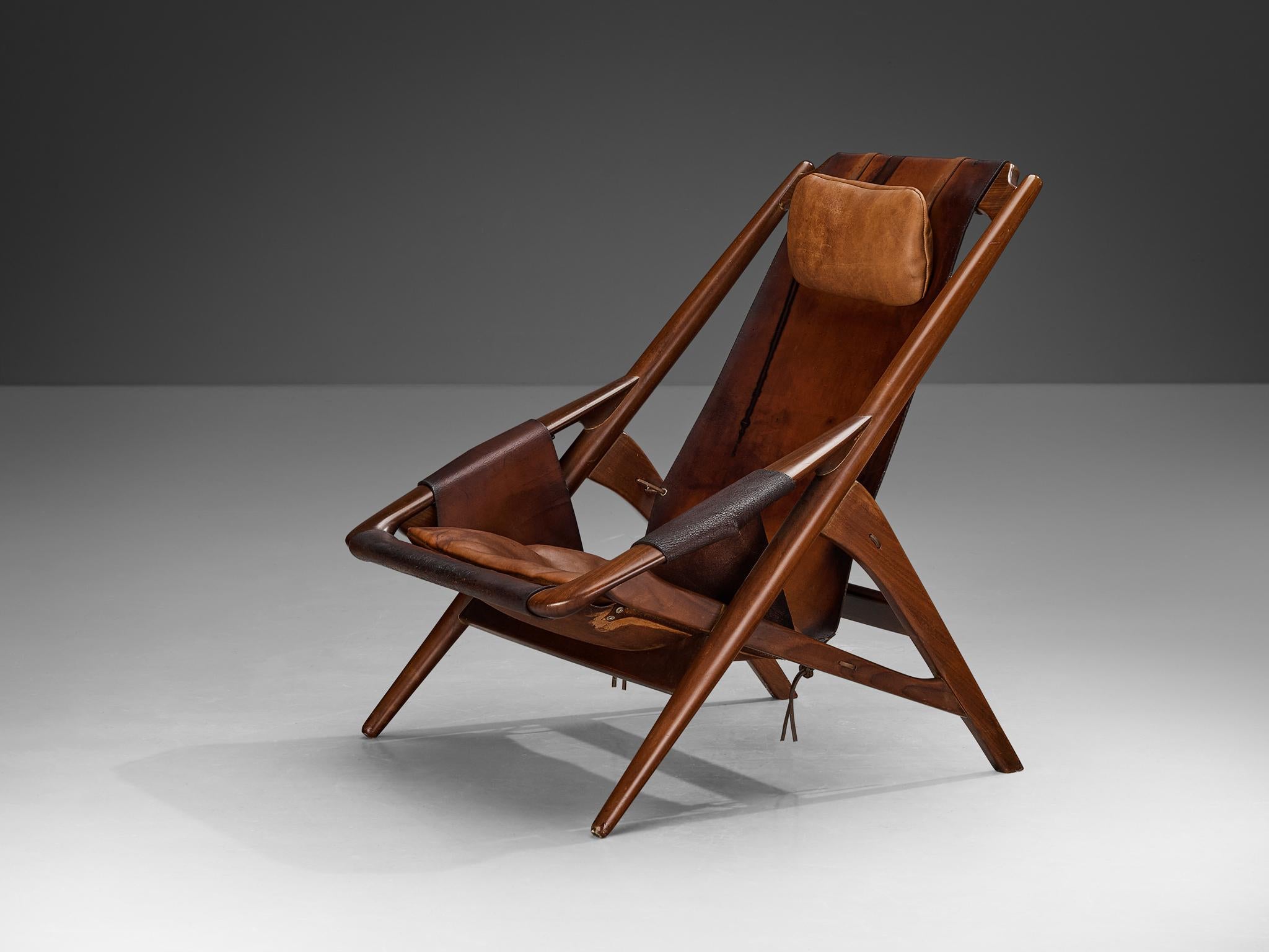 Italian W. Andersag Lounge Chair in Patinated Cognac Leather and Teak  For Sale