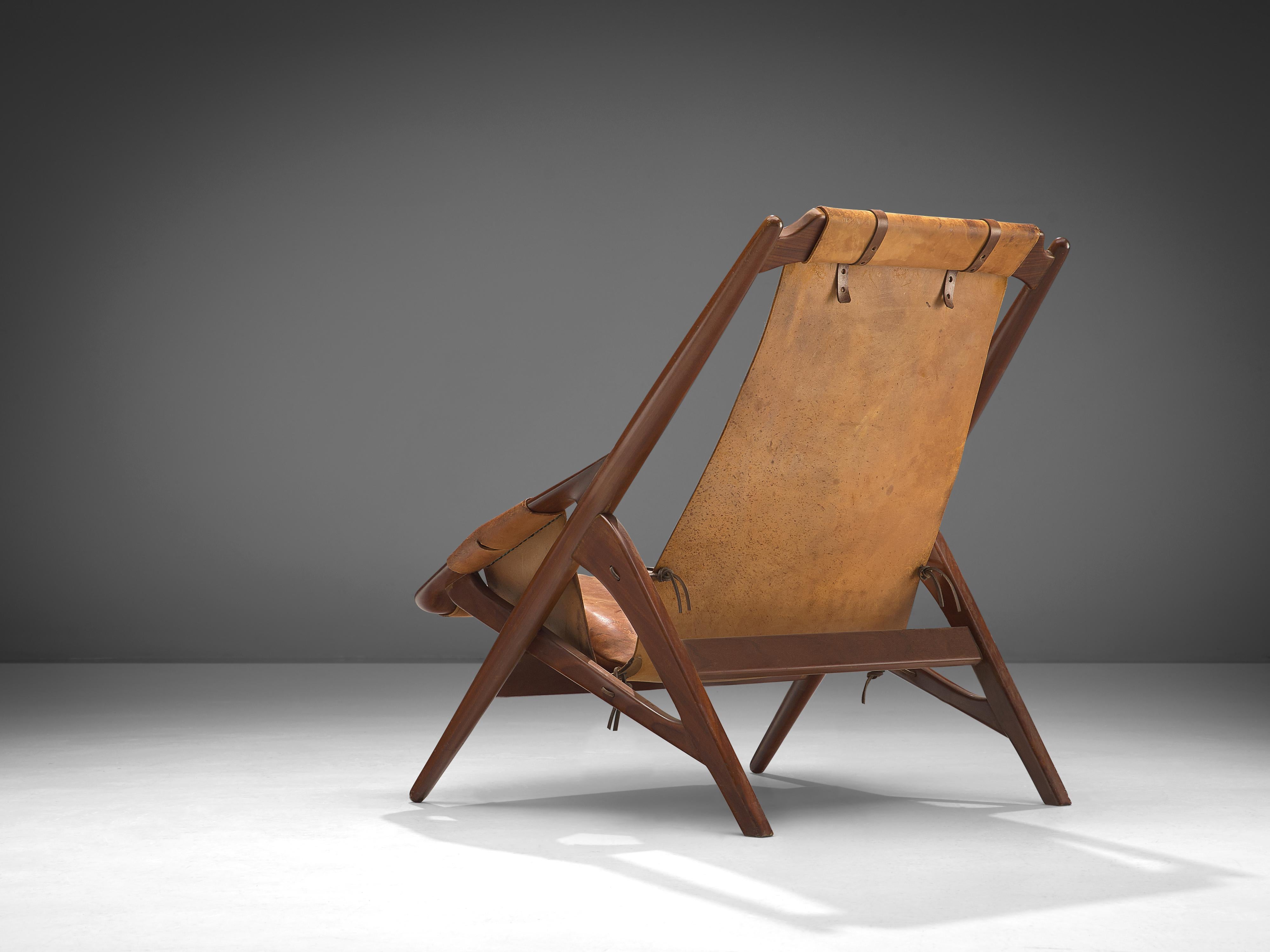 Mid-20th Century W. Andersag Lounge Chair in Patinated Cognac Leather and Teak 