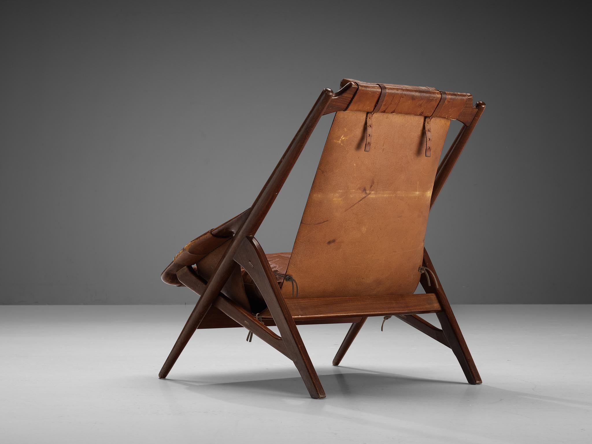 Italian W. Andersag Lounge Chair in Patinated Leather and Wood