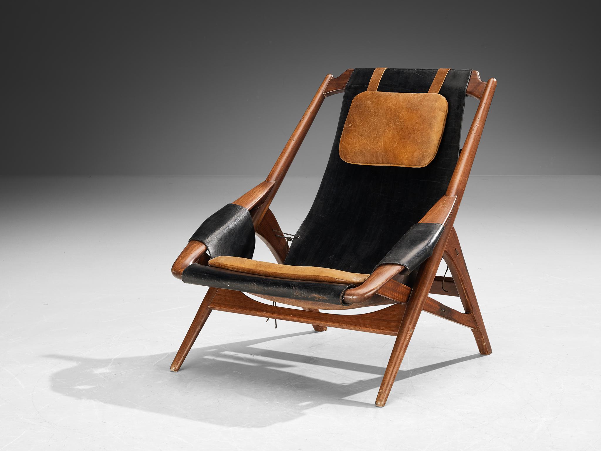 W. Andersag Lounge Chair in pelle patinata e teak In condizioni buone a Waalwijk, NL