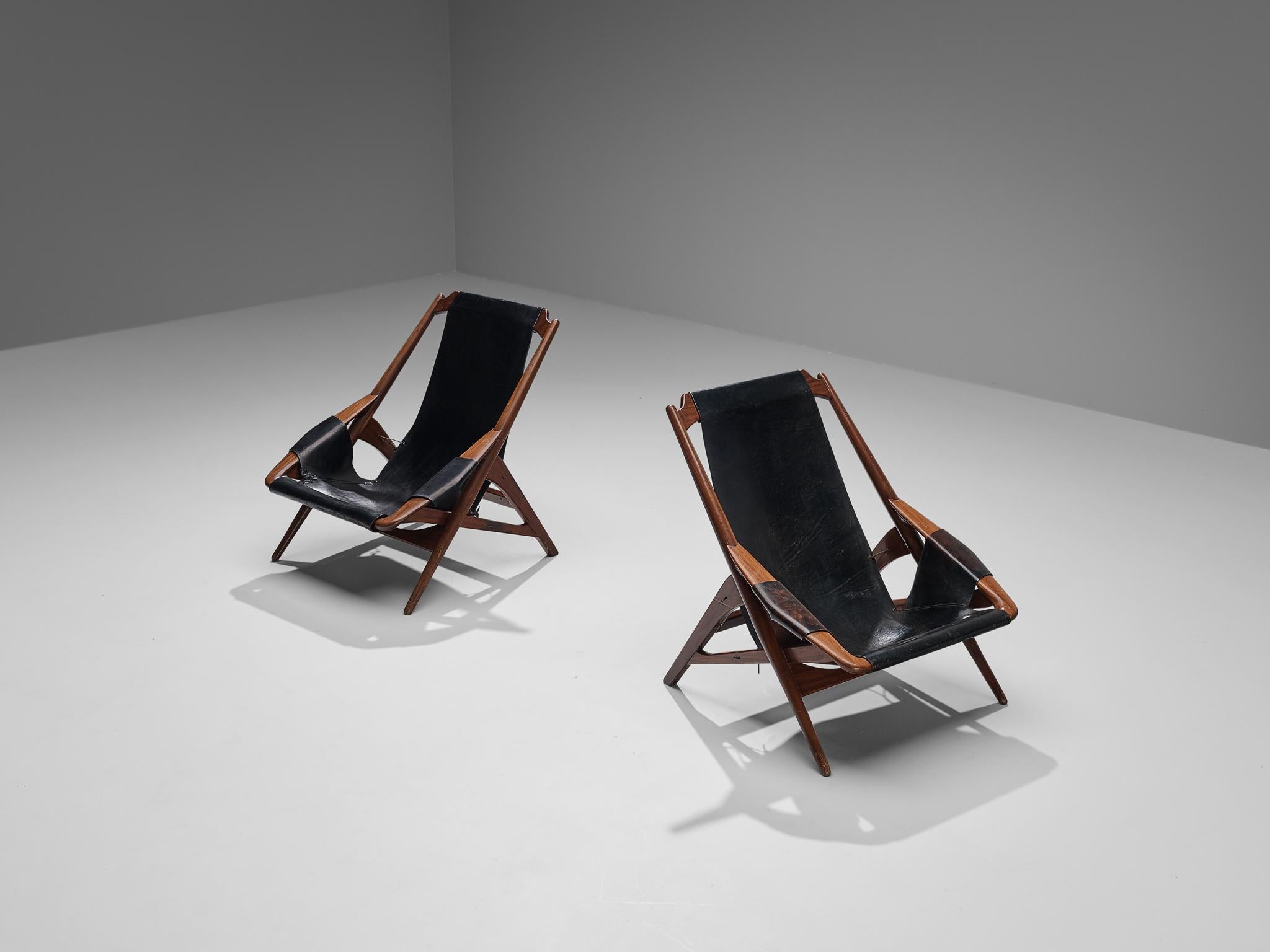 Italian W. Andersag Pair of Lounge Chairs in Patinated Black Leather and Teak