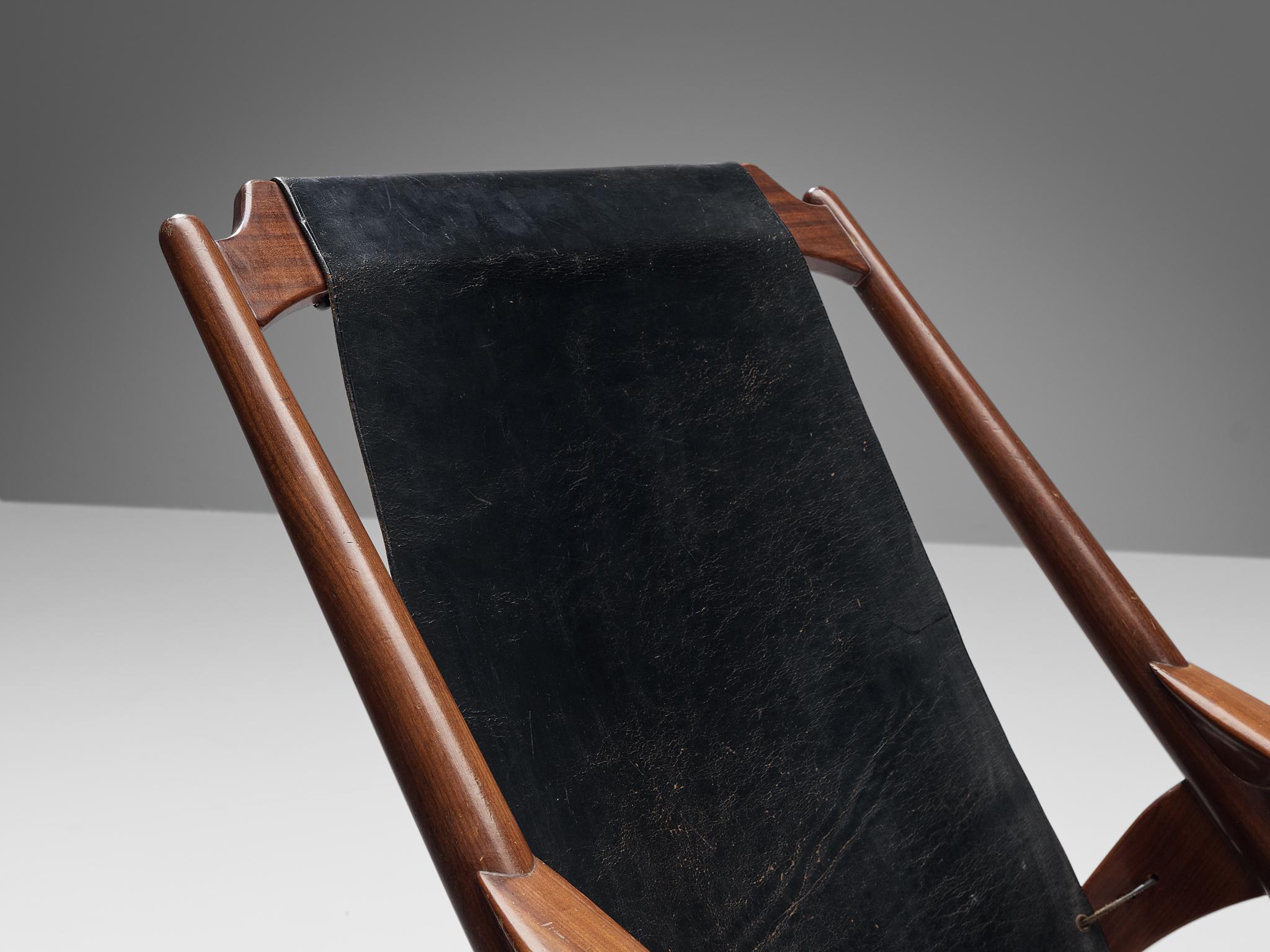 W. Andersag Pair of Lounge Chairs in Patinated Black Leather and Teak 1