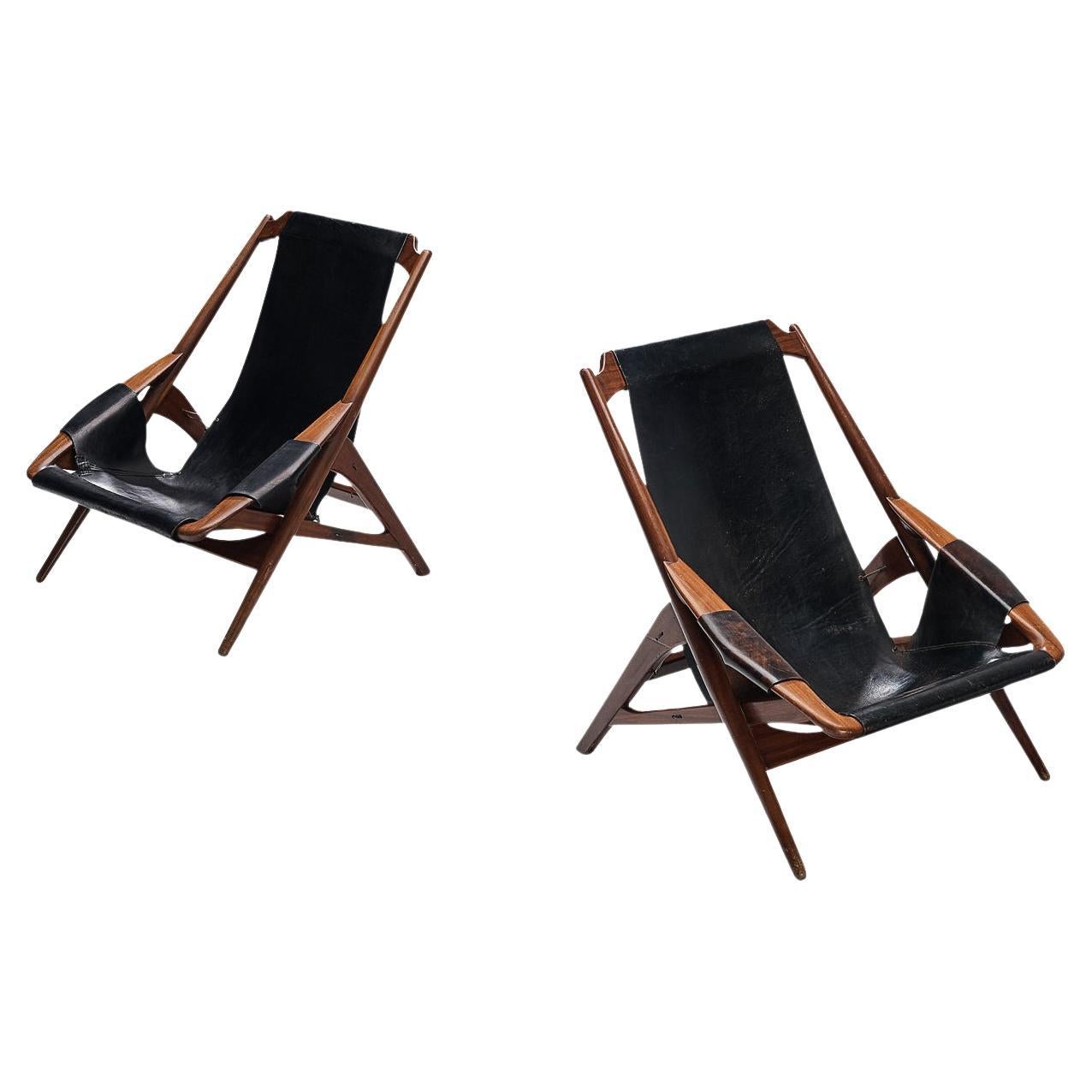 W. Andersag Pair of Lounge Chairs in Patinated Black Leather and Teak For Sale
