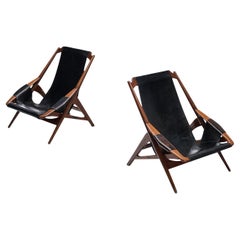 W. Andersag Pair of Lounge Chairs in Patinated Black Leather and Teak