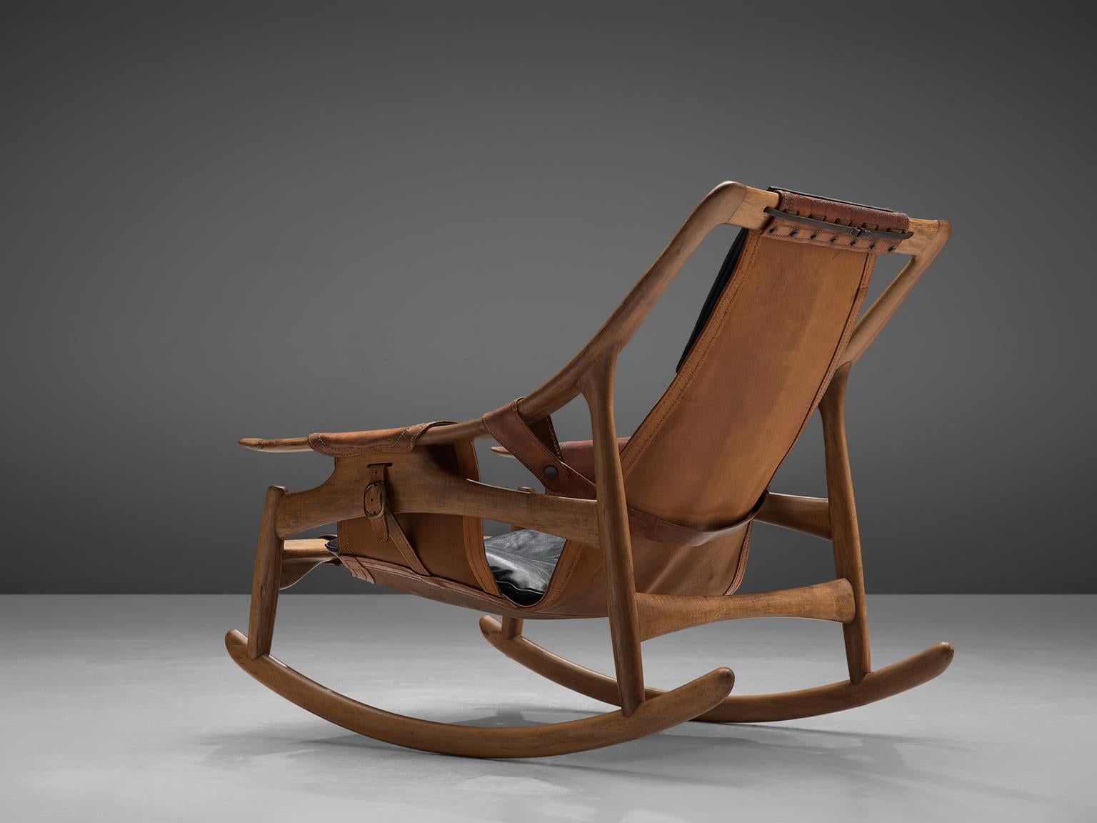 Mid-Century Modern W. Andersag Rocking Chair in Teak and Original Leather