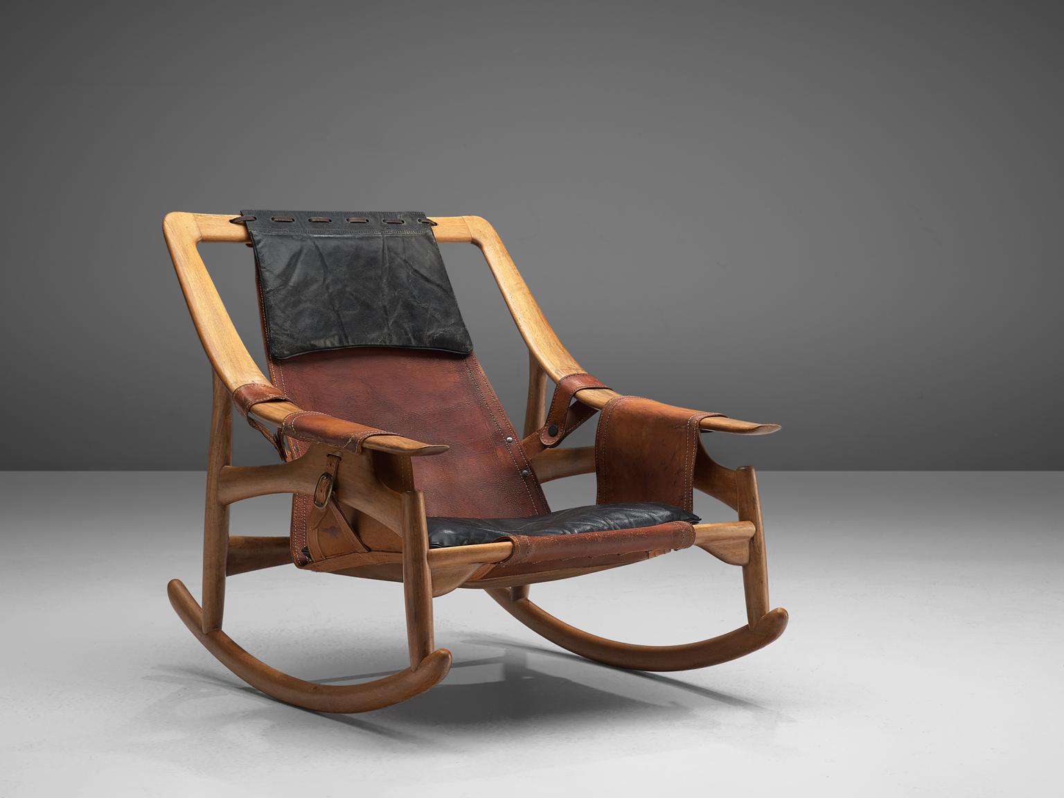 Italian W. Andersag Rocking Chair in Teak and Original Leather