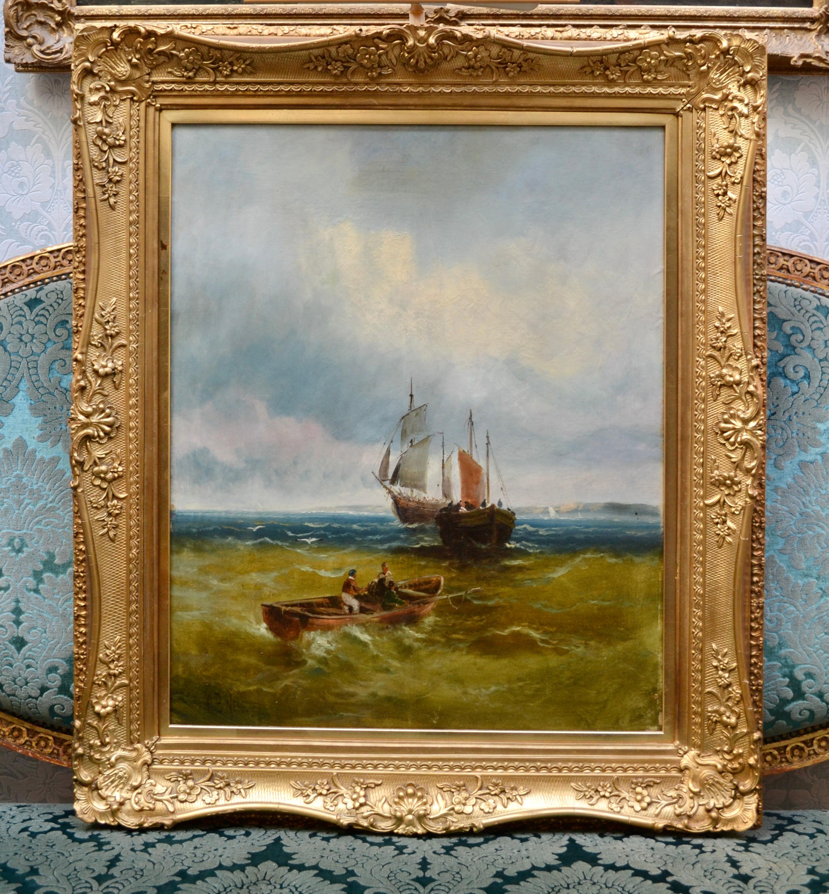 Classical late 19th century English school marine painting showing a large sailing ship out at sea in what appears to be the coast of England waiting for the return of a rowboat filled with fishermen. The smaller boat is hauling nets from where a