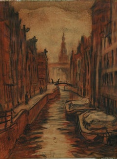 Framed 1948 Antique Amsterdam Canal Scene Pastel Landscape, 11.5x8.5\"