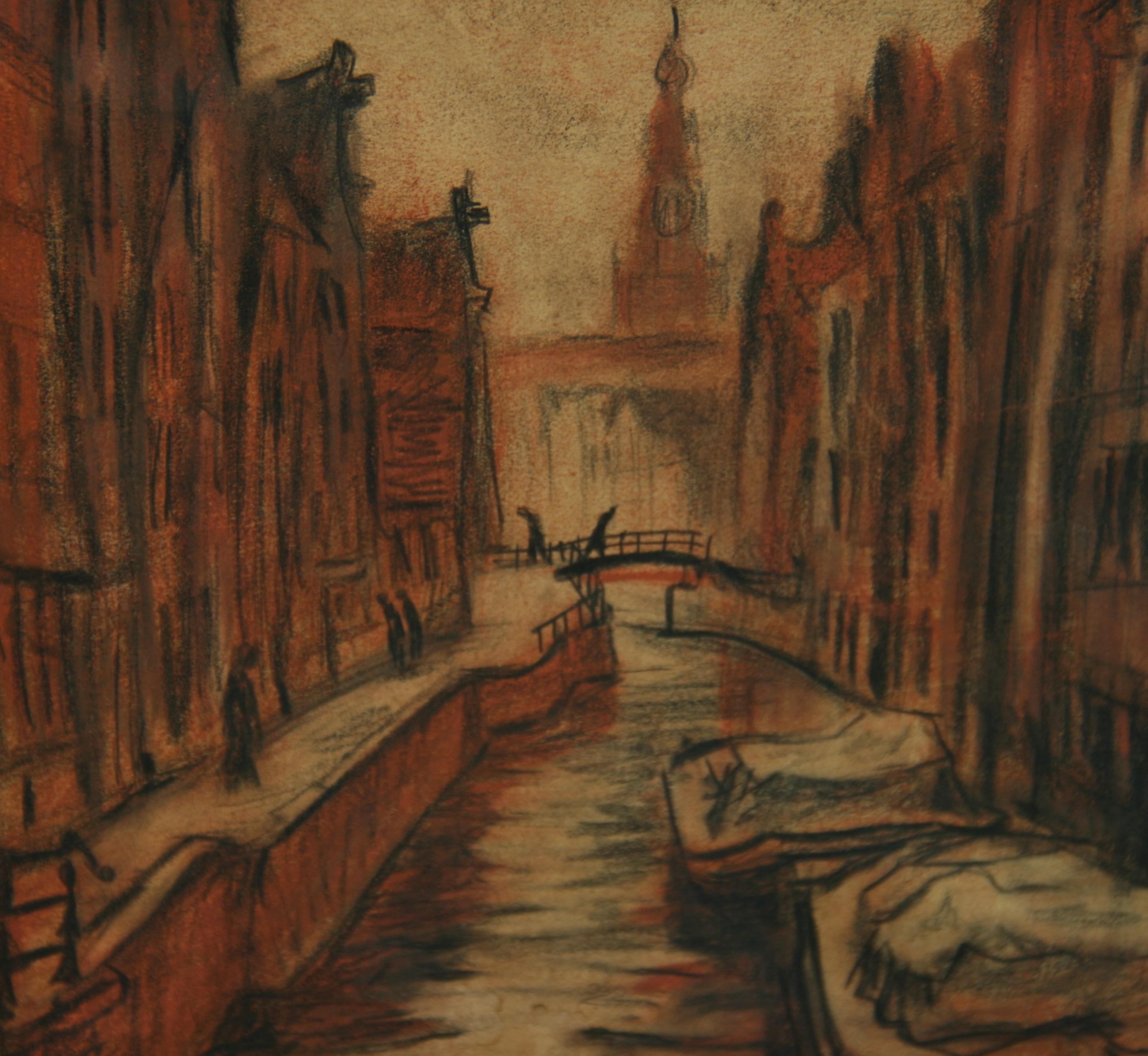 Antiquities Amsterdam  Paysage pastel de scènes de canaux 1948 - Marron Landscape Painting par W. Bear