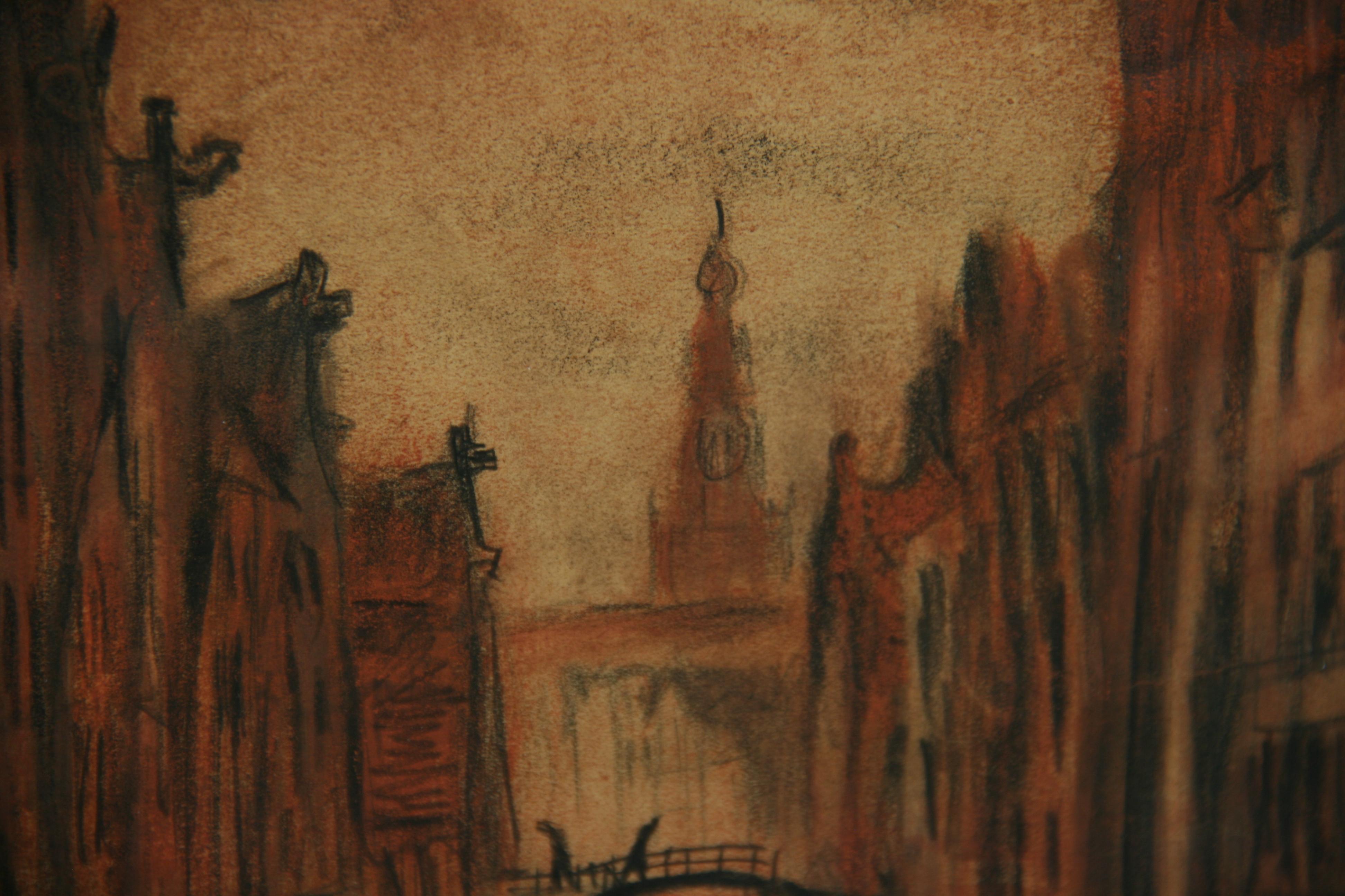Amsterdam antica  Scena di canale Paesaggio a pastello 1948 in vendita 2