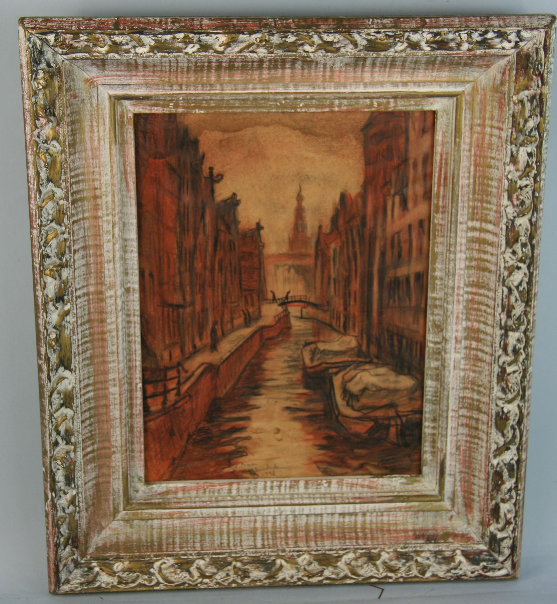 Landscape Painting W. Bear - Antiquities Amsterdam  Paysage pastel de scènes de canaux 1948