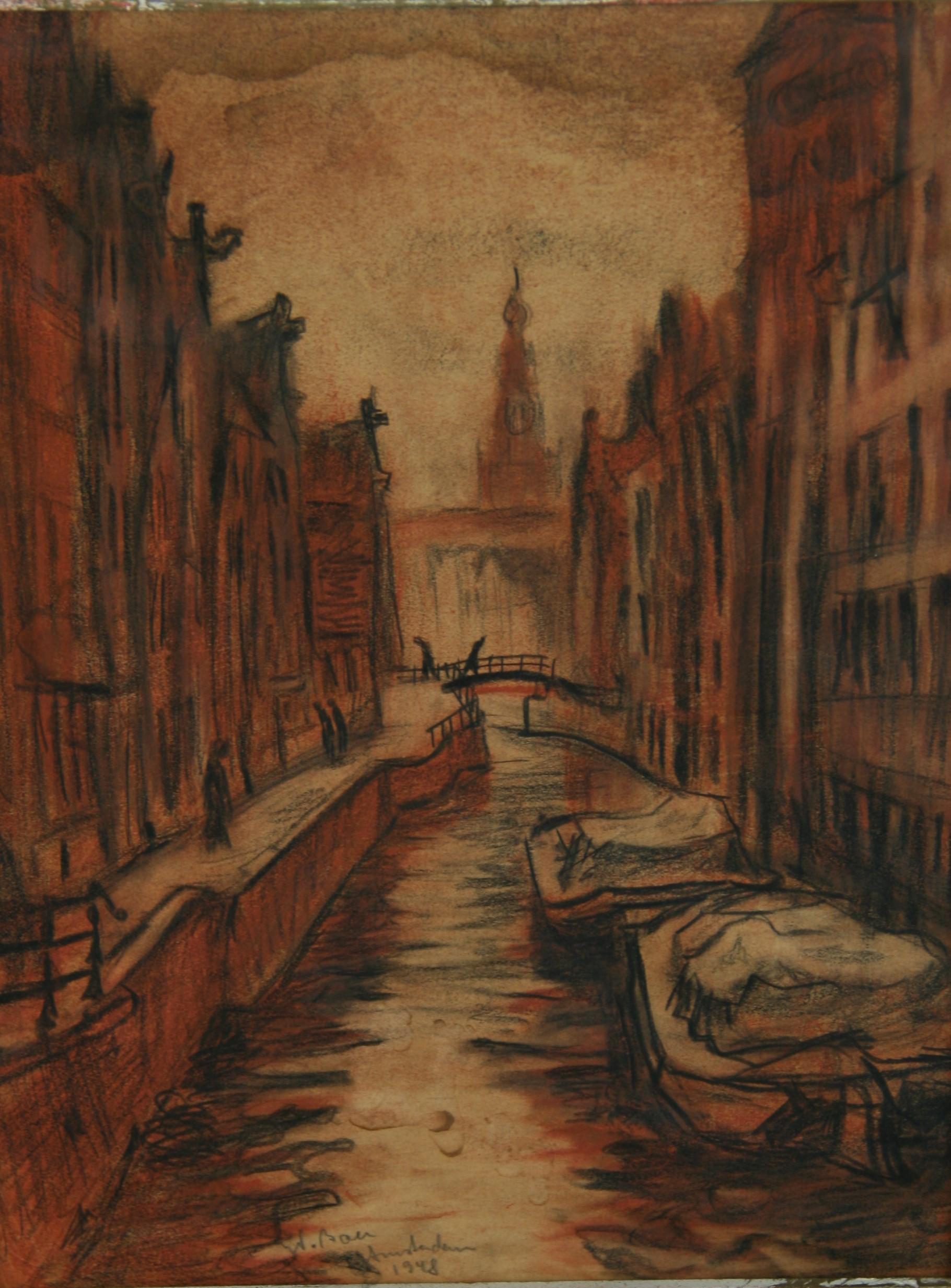 Paesaggio a pastello d'epoca del 1948 raffigurante i canali di Amsterdam, incorniciato, 11,5x8,5\"