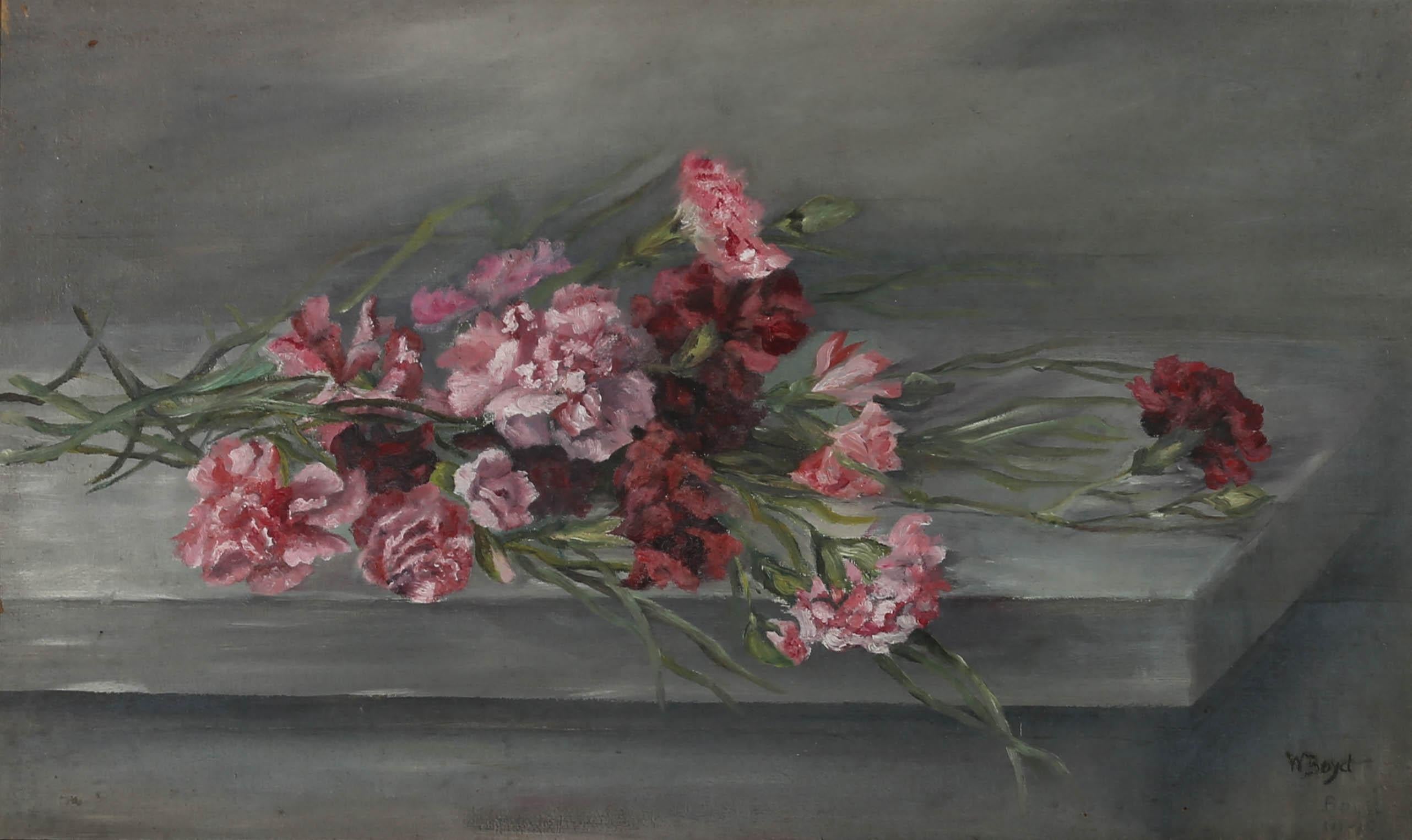 W. Boyd - 1940 Oil, Carnations On A Plinth 2
