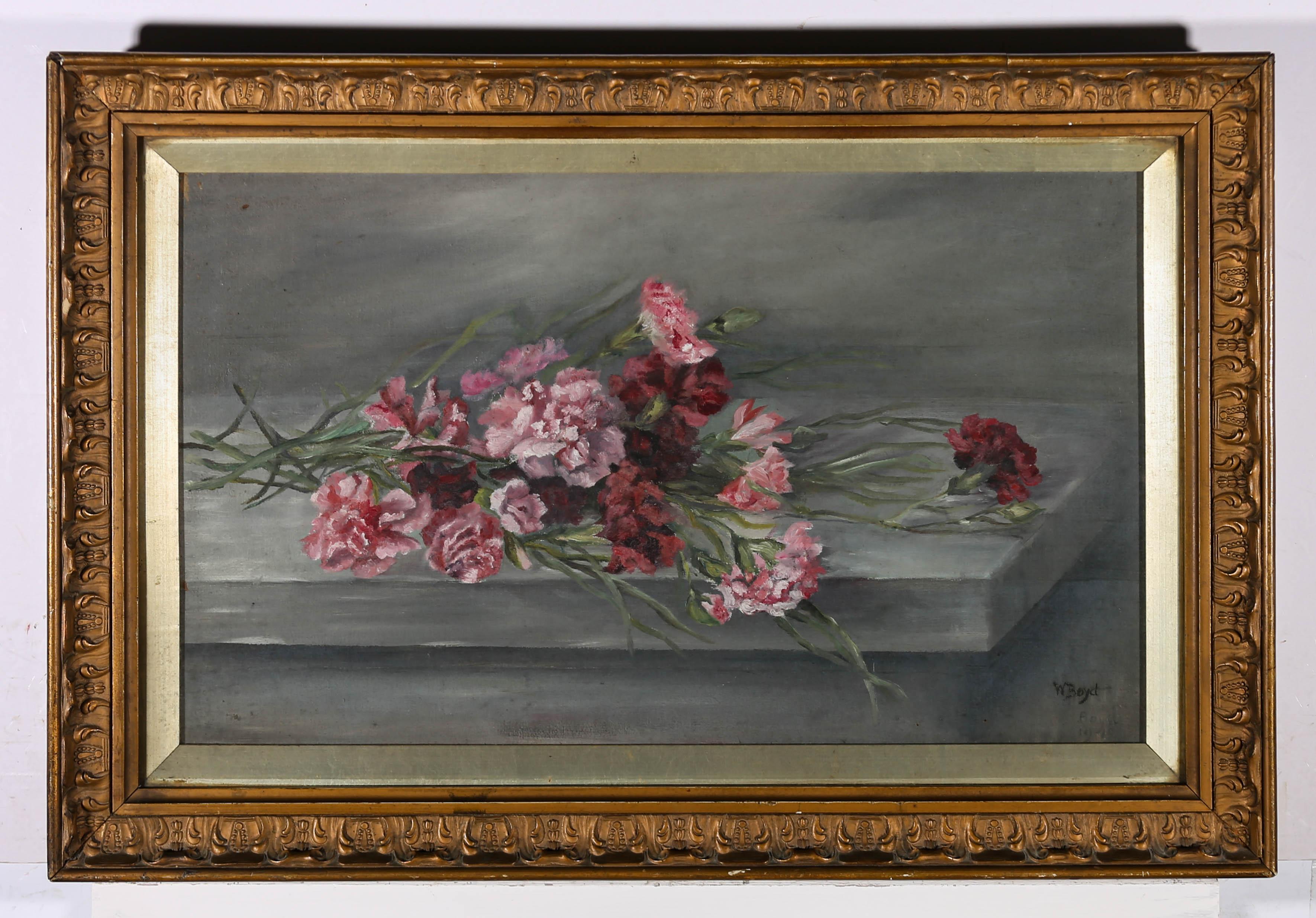 W. Boyd - 1940 Oil, Carnations On A Plinth 3