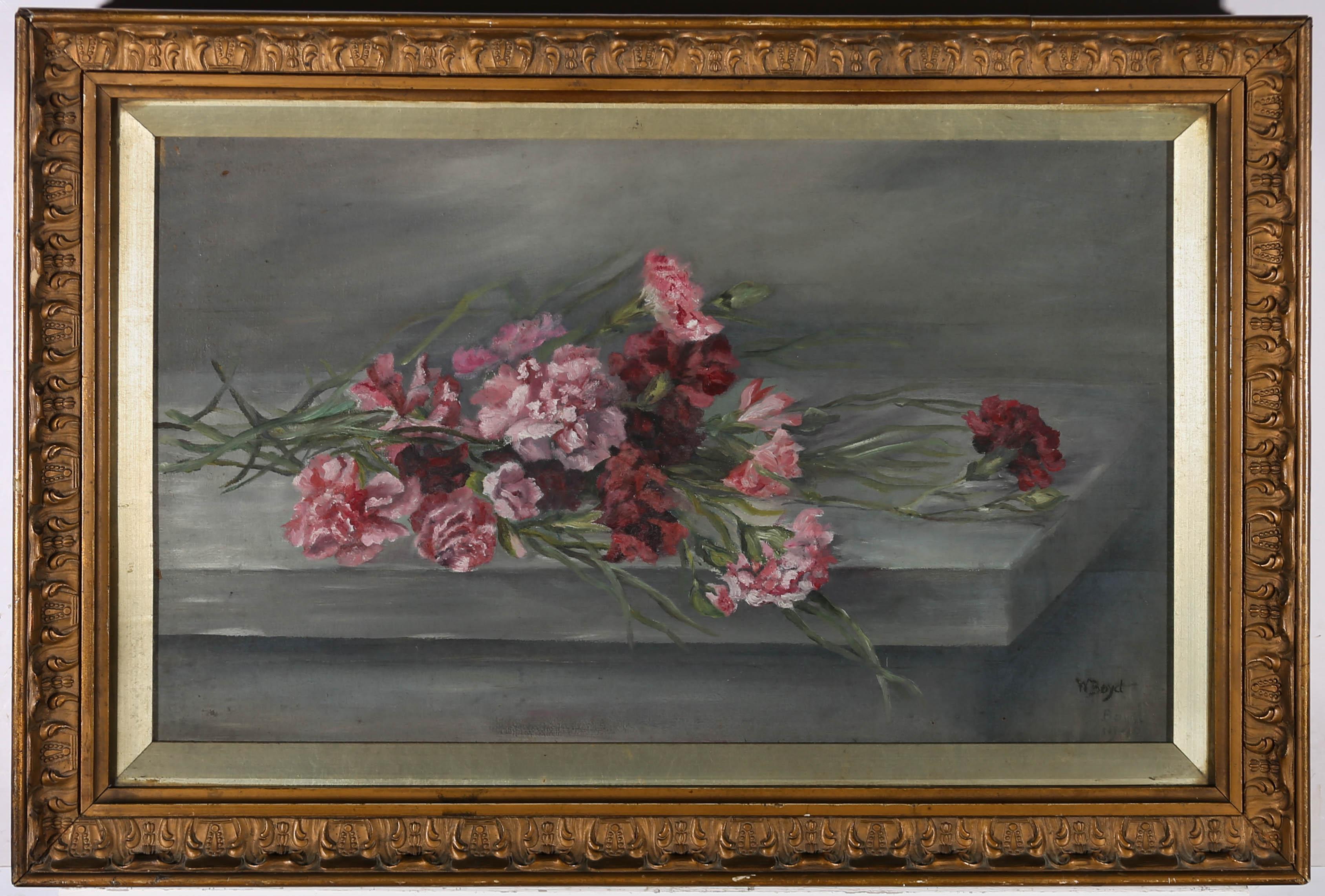 A fine early 20th Century oil still life showing a bunch of carnations strewn across the corner of a stone plinth. The artist has signed and dated to the lower right corner. The painting has been presented in a 20th Century gilt effect frame with