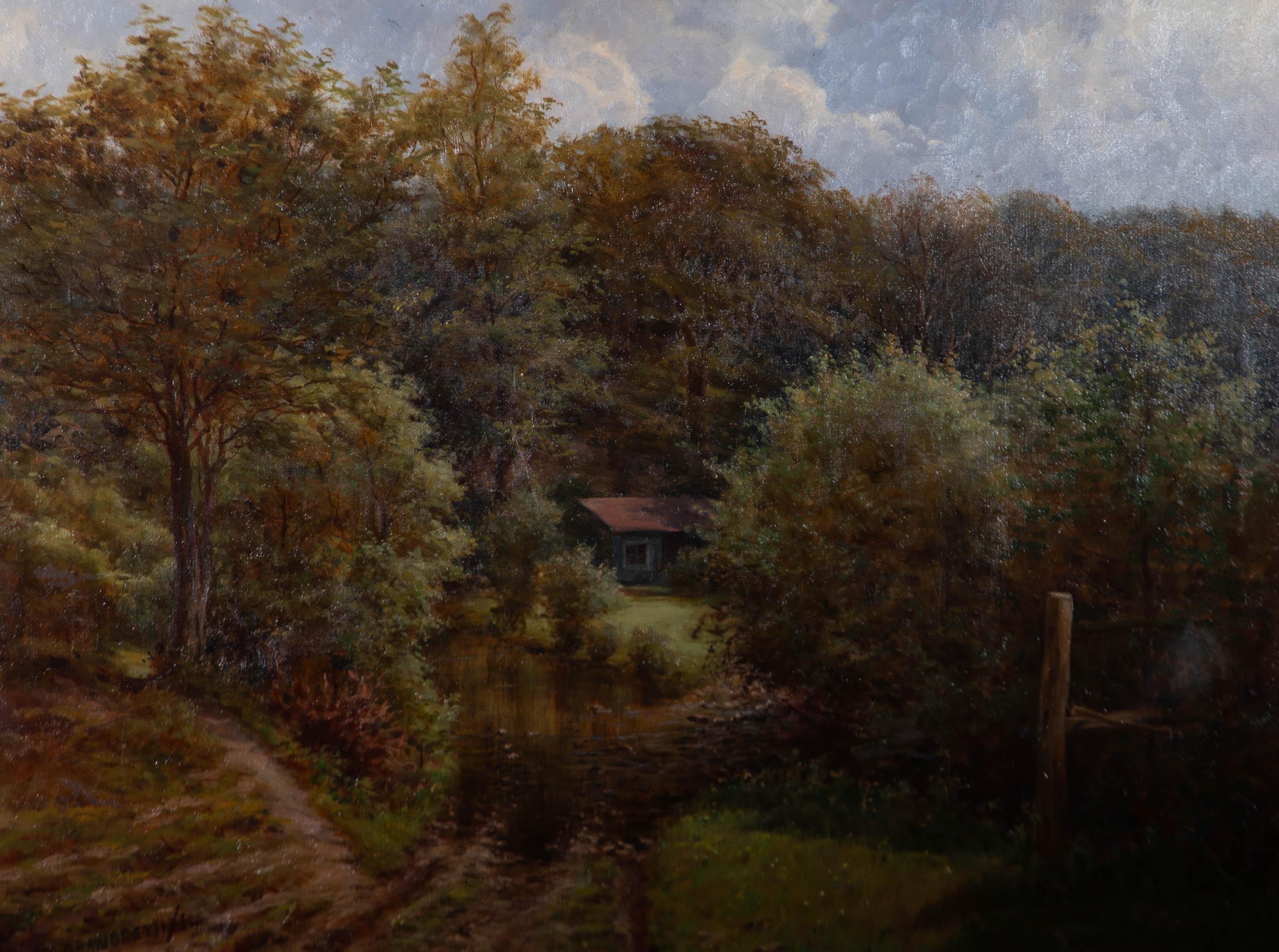A finely detailed landscape study depicting a small cottage in a woodland clearing. Signed and dated to the lower left. On canvas on stretchers.










