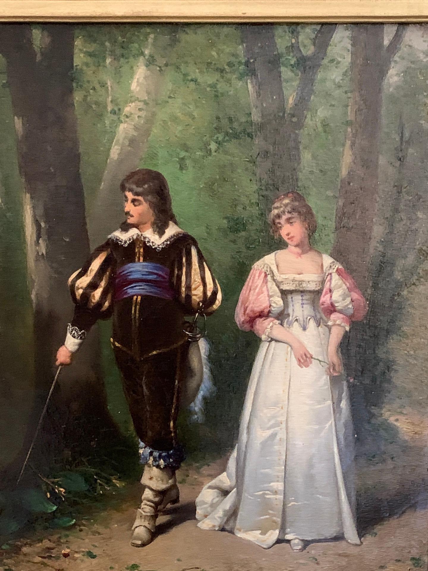 Scena francese del XIX secolo di amanti che passeggiano in un giardino, in costume del XVII secolo - Painting di W. Burque