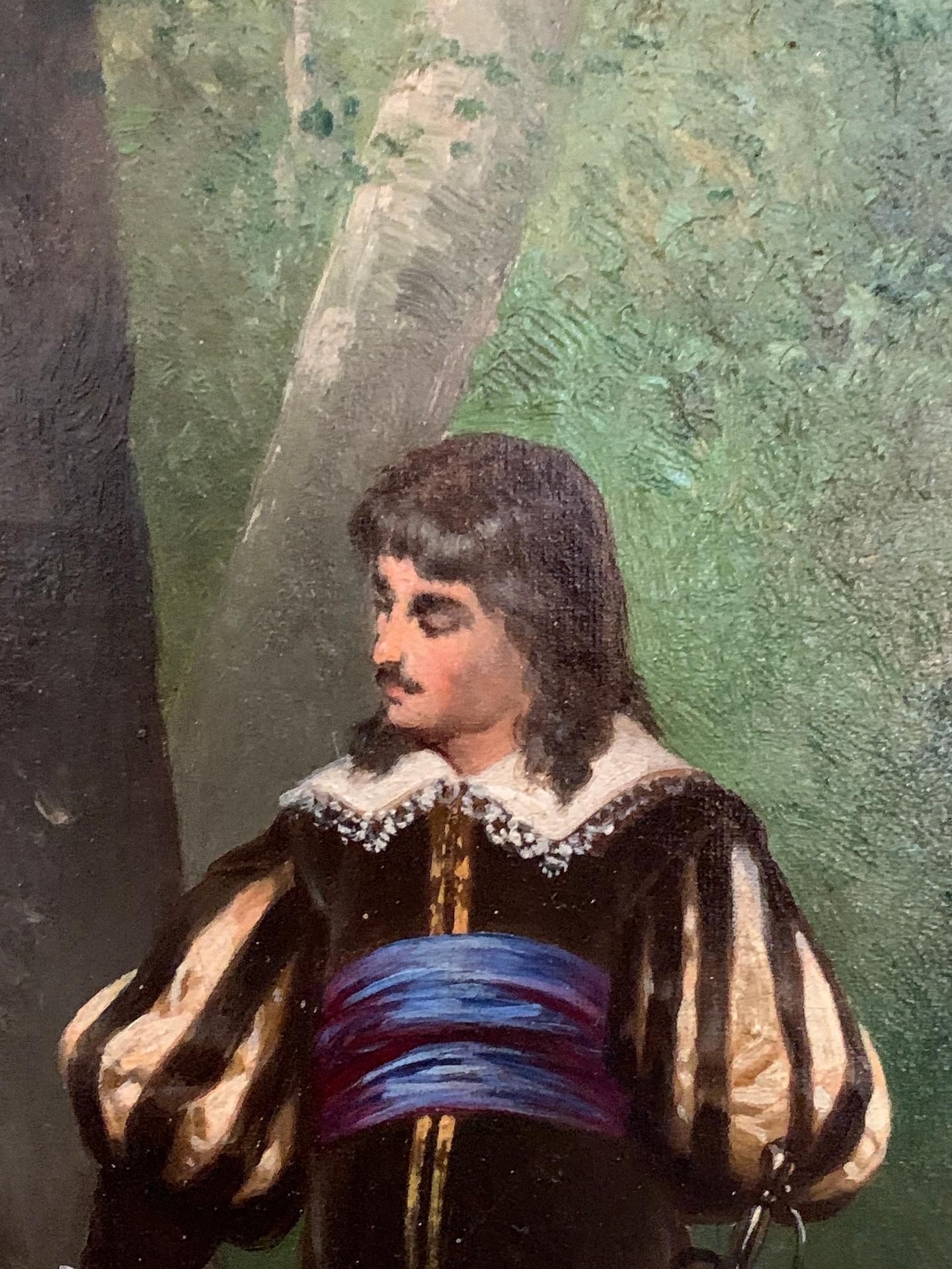 Scena francese del XIX secolo di amanti che passeggiano in un giardino, in costume del XVII secolo - Painting Vittoriano di W. Burque