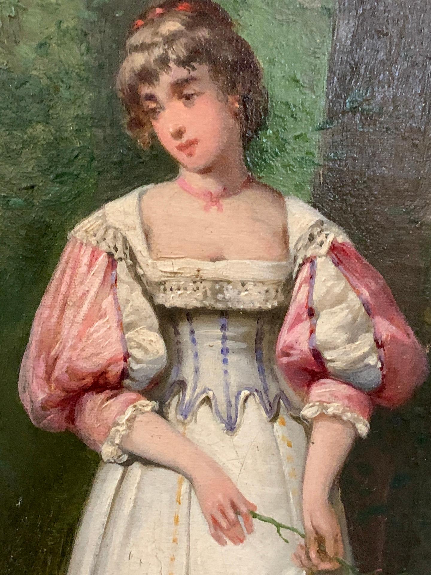 Scena francese del XIX secolo di amanti che passeggiano in un giardino, in costume del XVII secolo in vendita 3