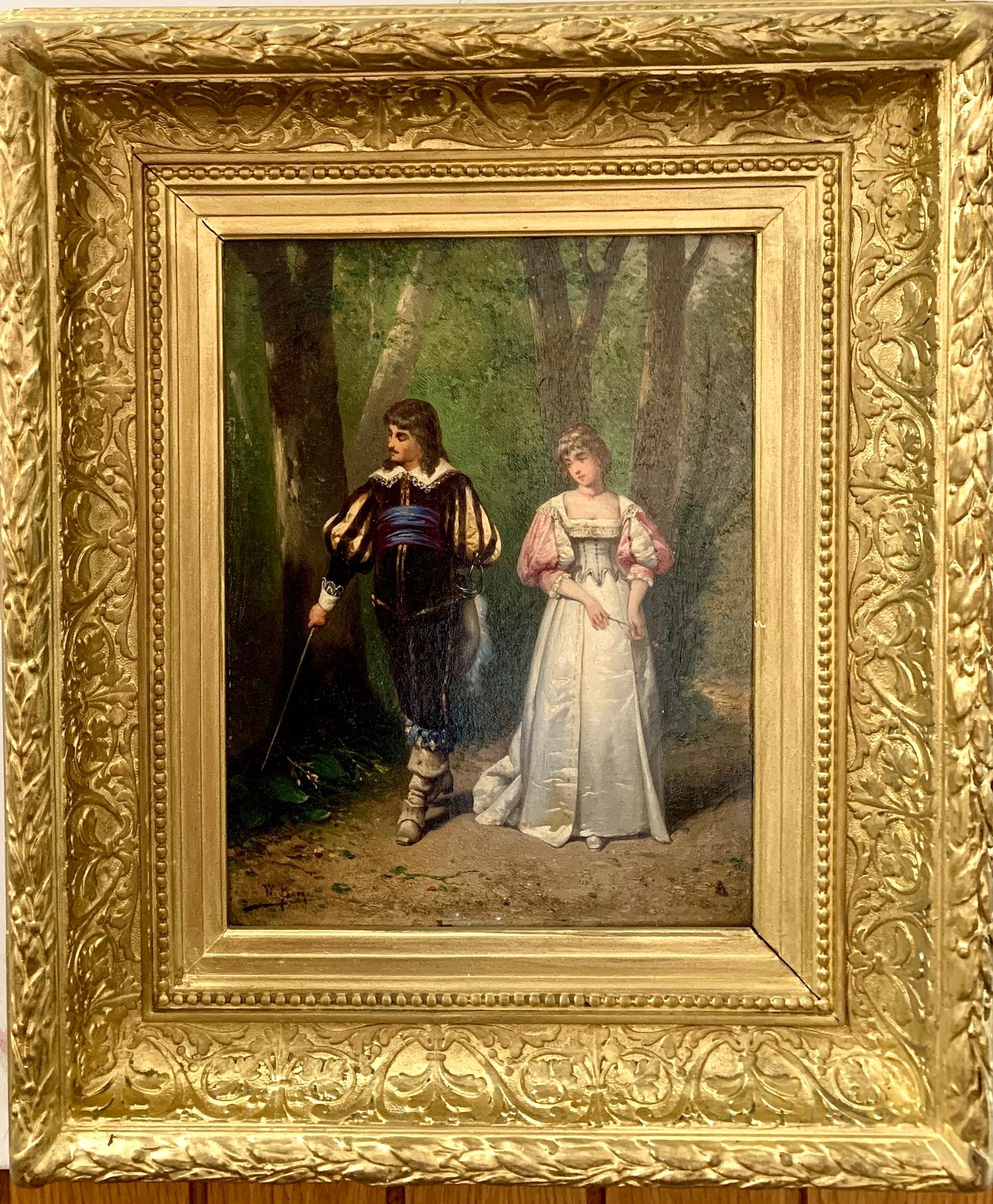Figurative Painting di W. Burque - Scena francese del XIX secolo di amanti che passeggiano in un giardino, in costume del XVII secolo