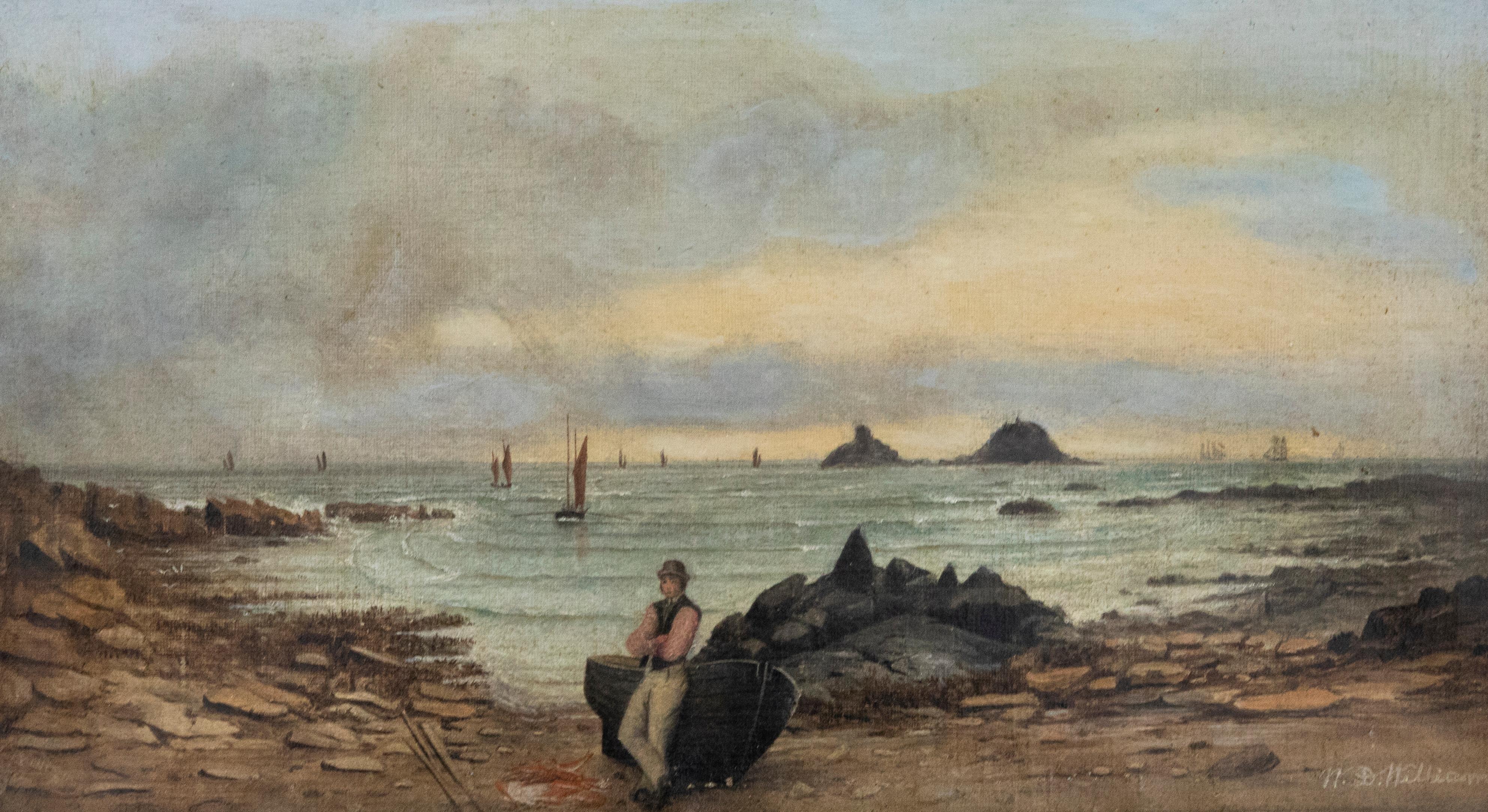 A charming 19th century seascape depicting a proud as punch fisherman standing with his catch on dry land. The artist has managed to capture a wonderful folk art feel in the panting, particularly noticeable in the figure, boat and fish. The scene