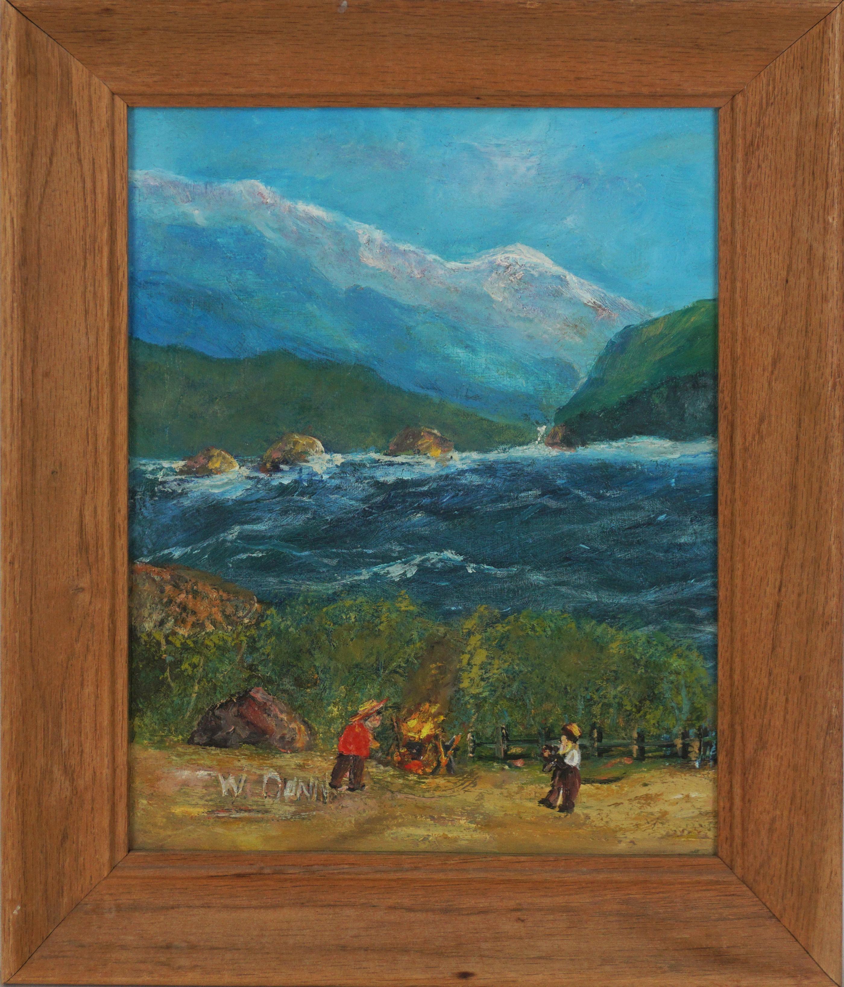 Landscape Painting W. Dunn - Vintage Outsider Oil Painting -- Campfire Cookout Seaside Landscape, Signed