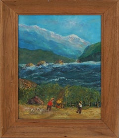 Vintage Outsider Oil Painting -- Campfire Cookout Seaside Landscape, Signed