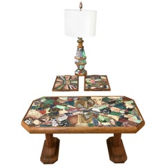 Retro W. E. Browning Stone Mosaic Walnut Coffee Table, Tray, and Lamp Set, 1972