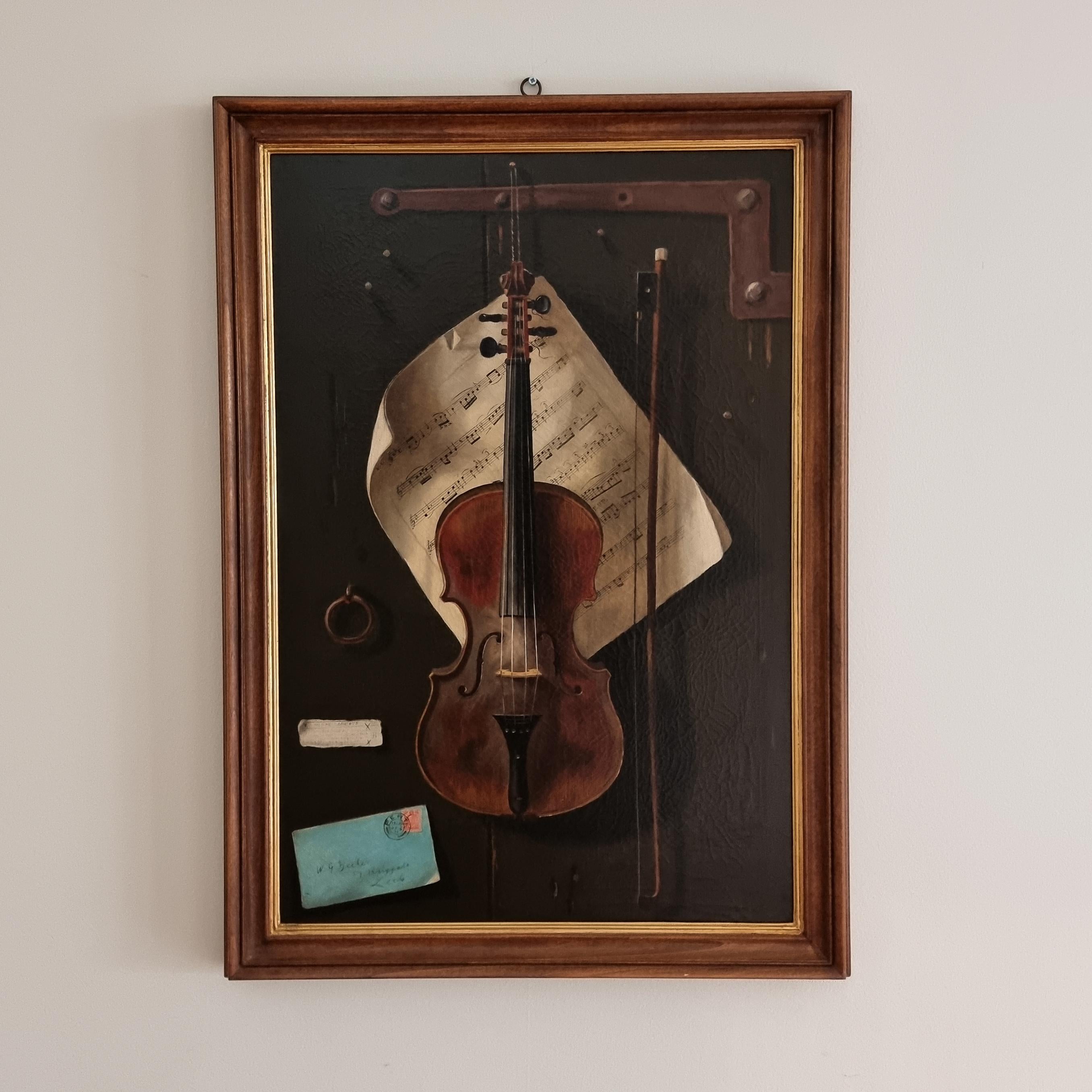 Trompe l'oeil, Still Life with Violin by W G Becker, Oil on Canvas - Painting by W. G. BECKER