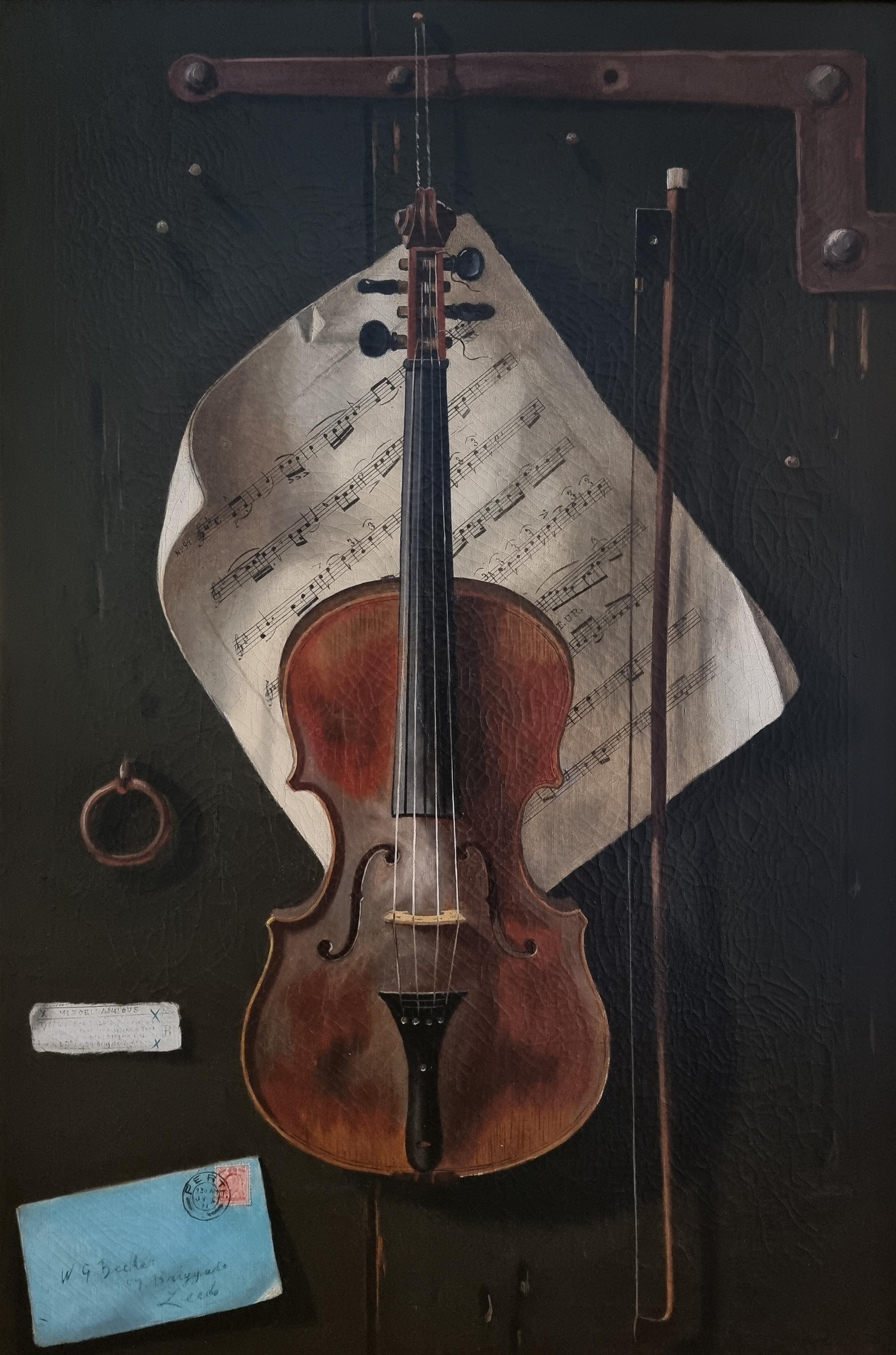 W. G. BECKER Interior Painting - Trompe l'oeil, Still Life with Violin by W G Becker, Oil on Canvas