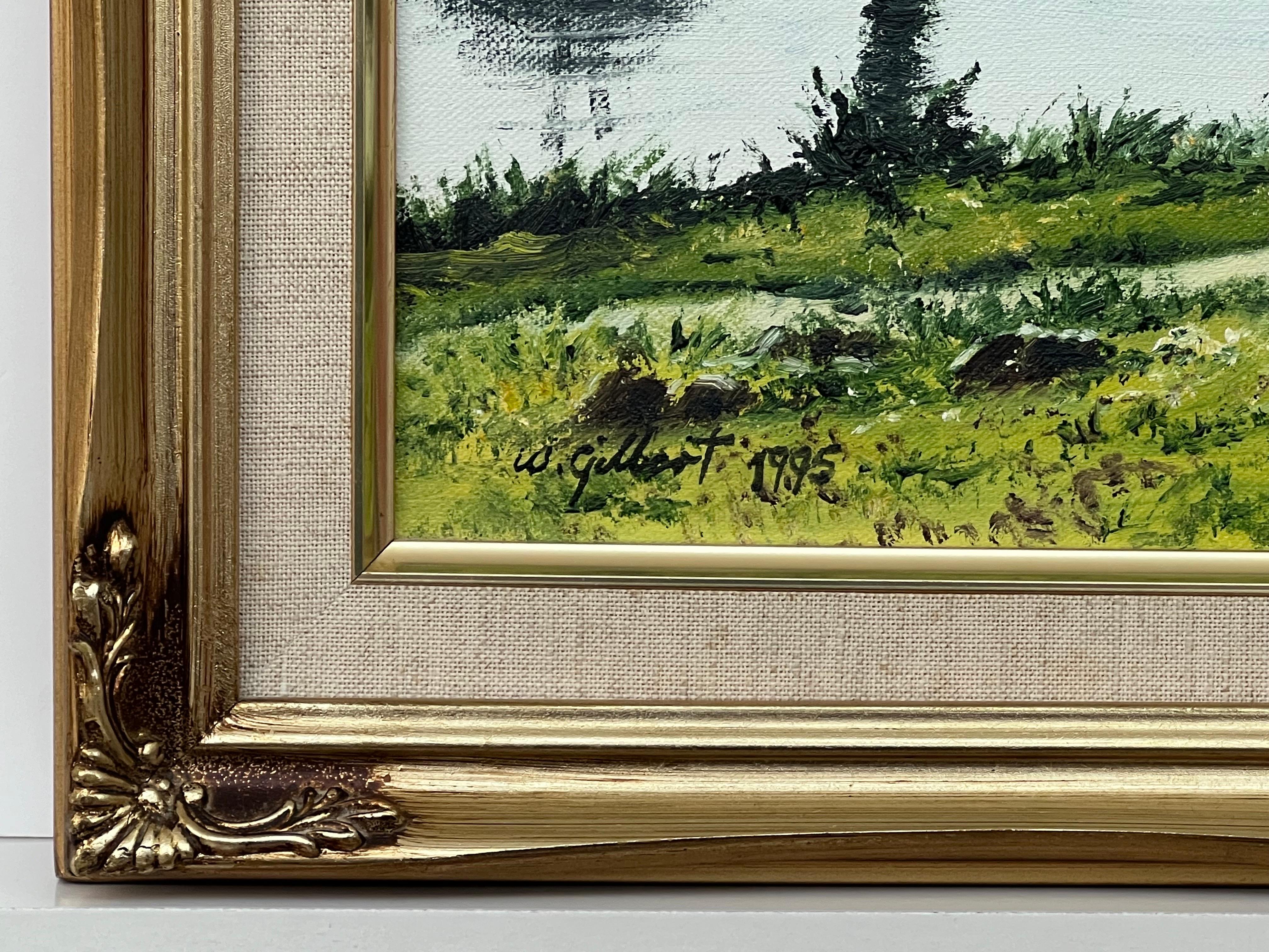 Baumgesäumte Flussssssszene im Sommer mit Bridleway in der englischen Landschaft – Painting von W Gilbert