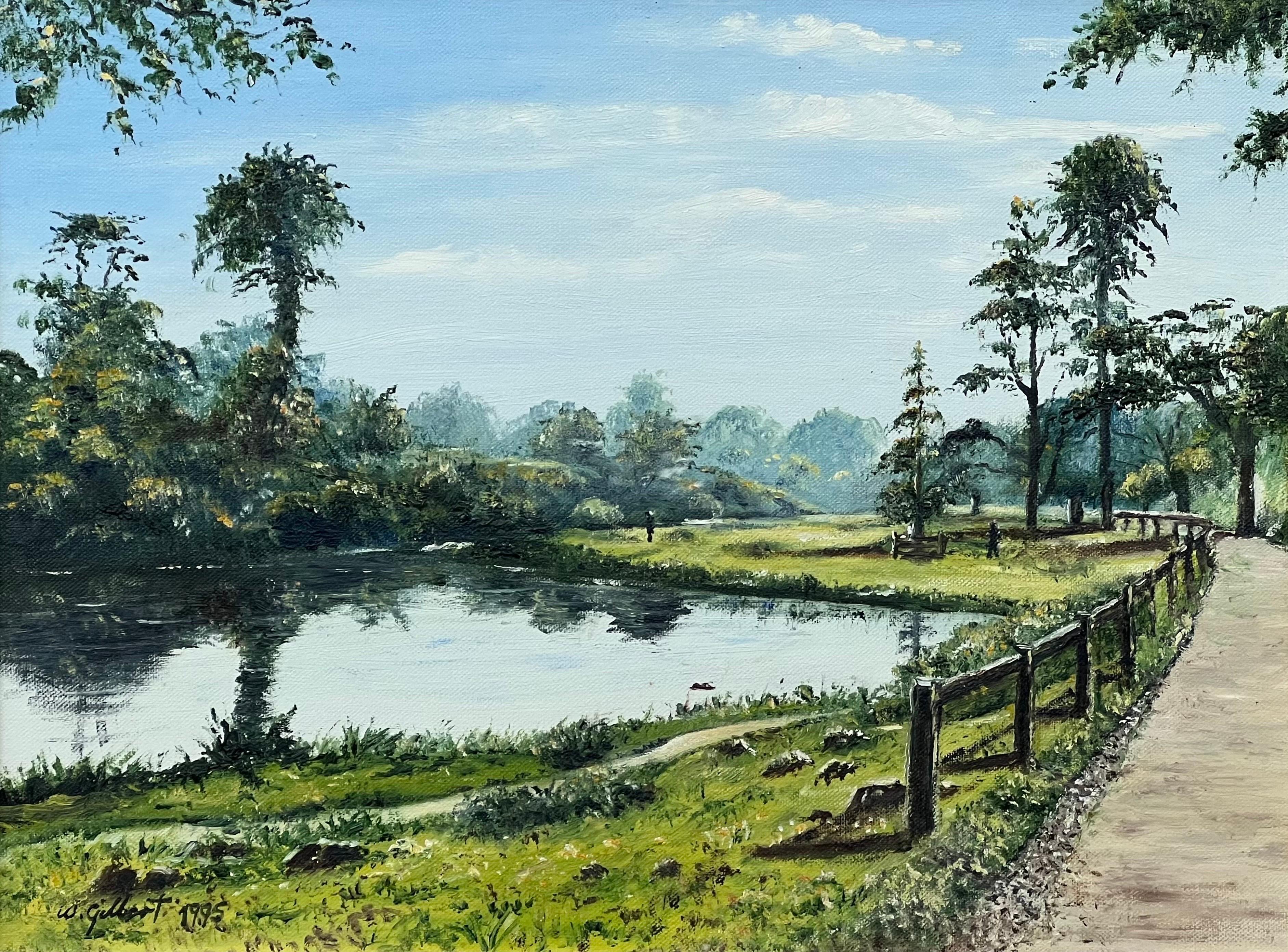 Baumgesäumte Flussssssszene im Sommer mit Bridleway in der englischen Landschaft (Realismus), Painting, von W Gilbert