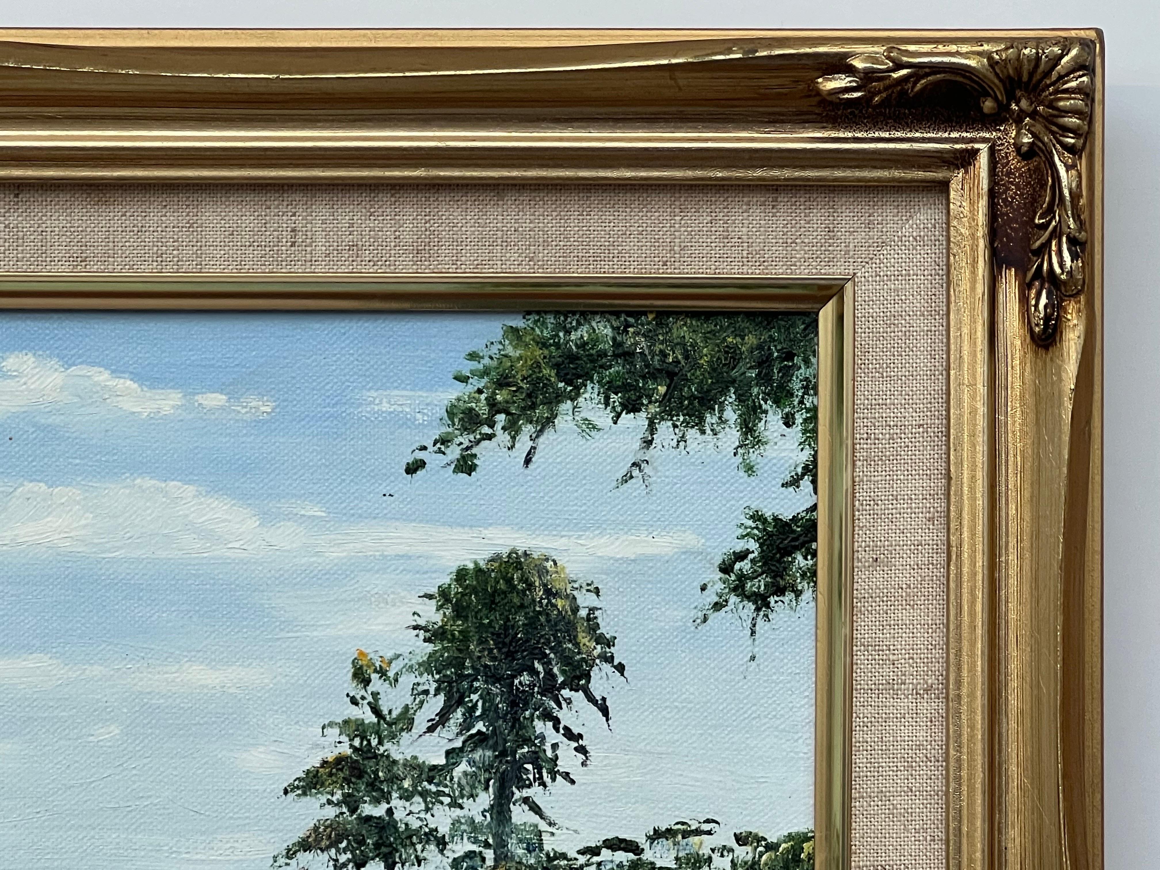 Baumgesäumte Flussssssszene im Sommer mit Bridleway in der englischen Landschaft (Grau), Landscape Painting, von W Gilbert