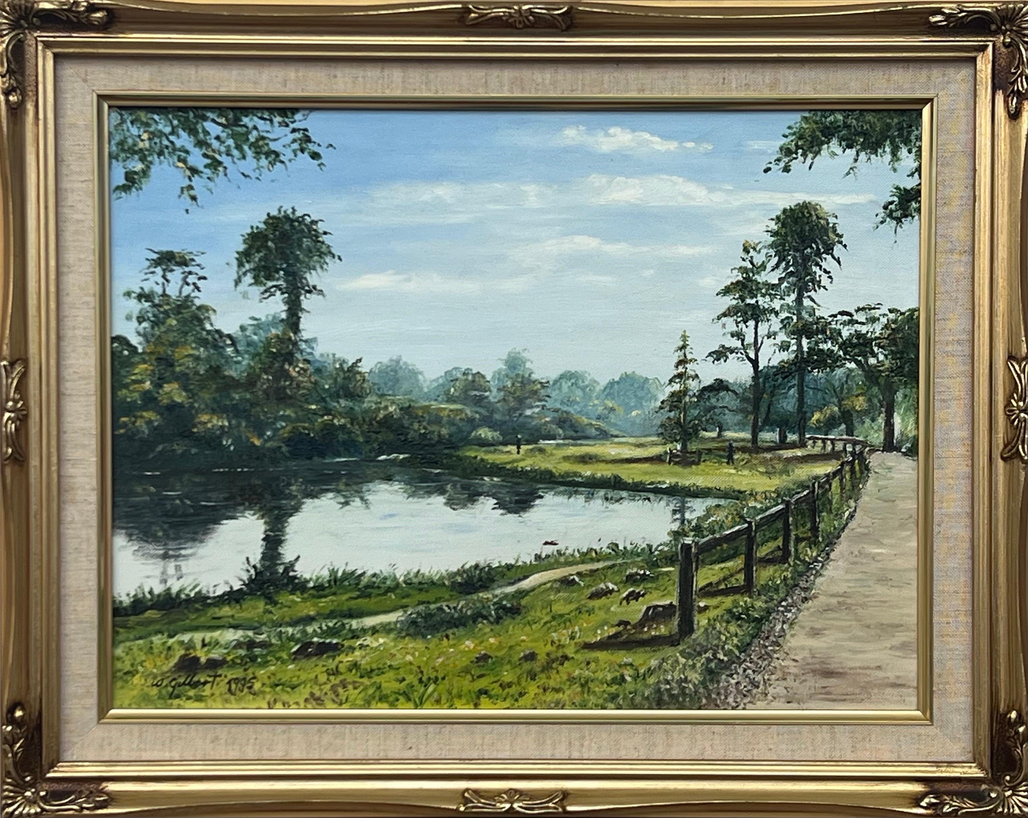 W Gilbert Landscape Painting – Baumgesäumte Flussssssszene im Sommer mit Bridleway in der englischen Landschaft