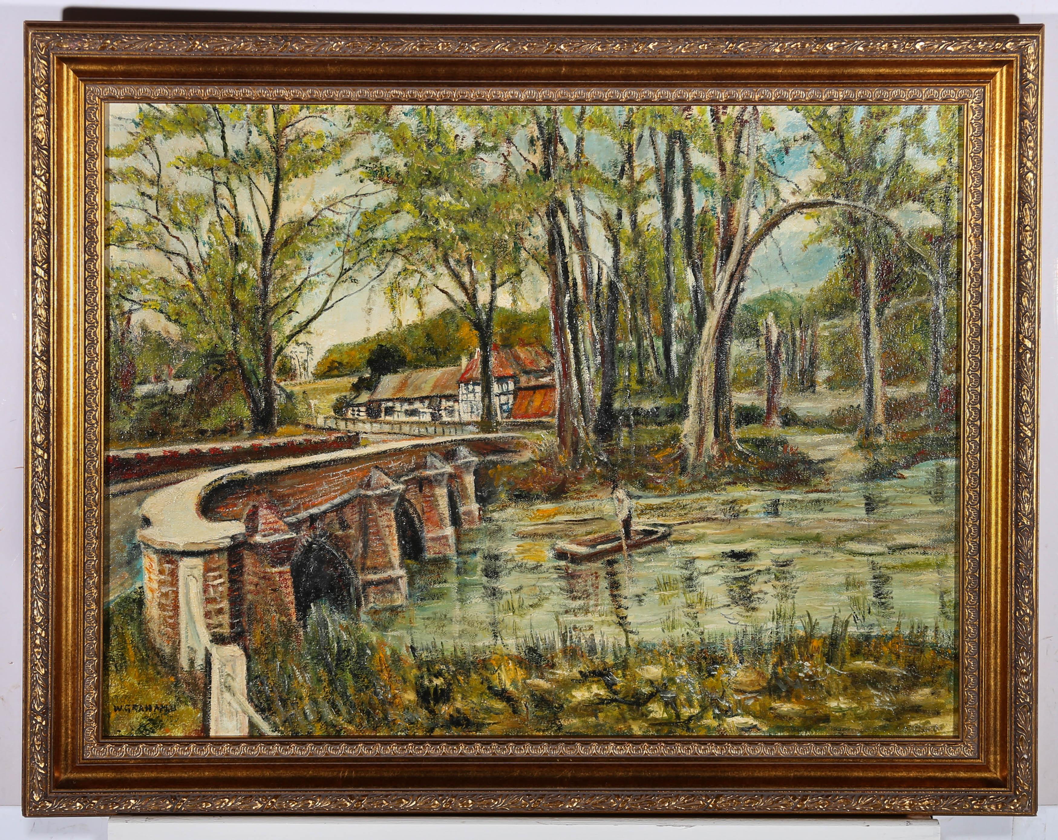 A charming oil painting, depicting a village river scene with a bridge and a figure on a small boat. The location is inscribed on the reverse. Signed to the lower left-hand corner. Presented in an ornate gilt-effect frame, as shown. On canvas on