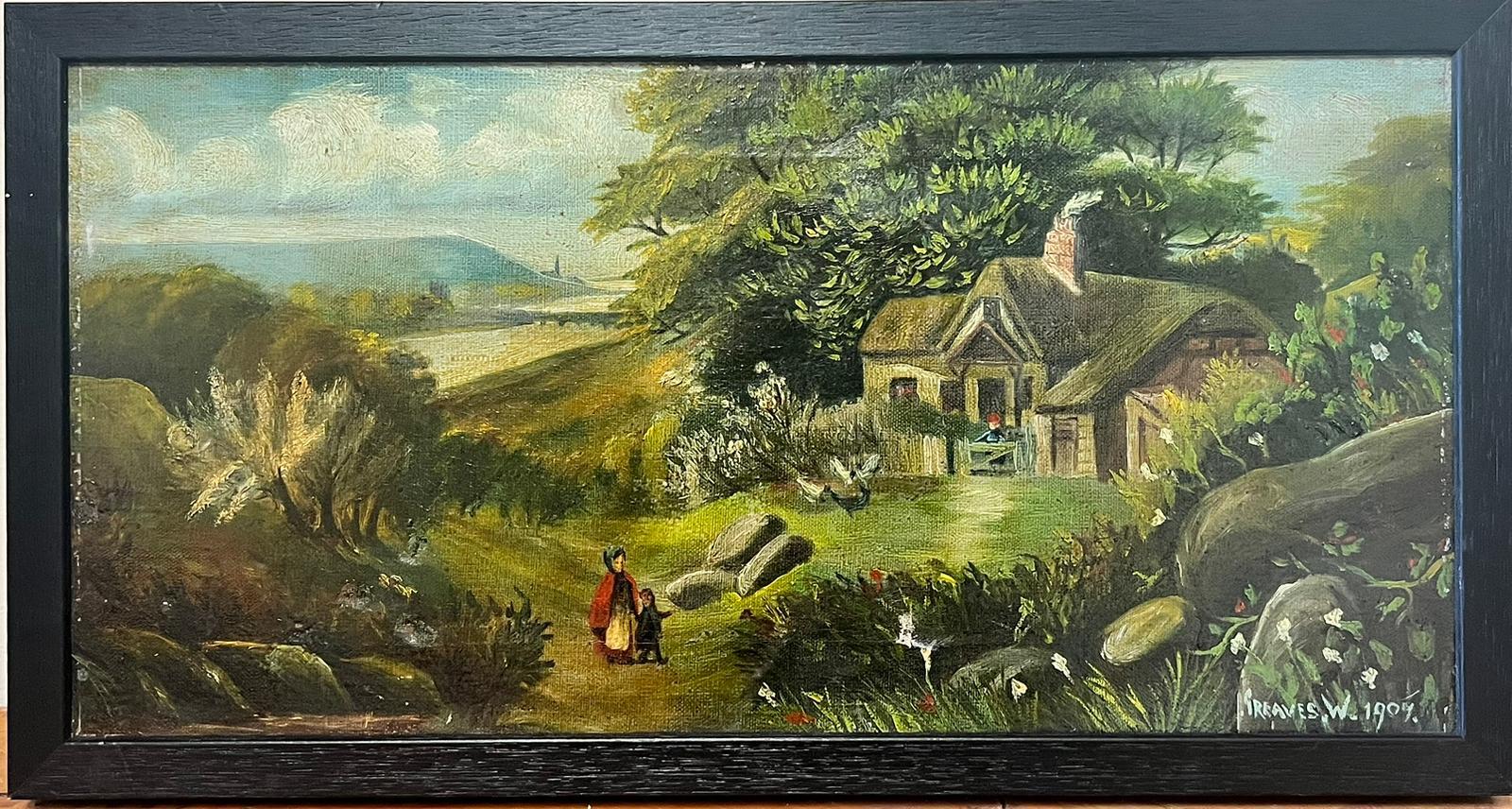 Antikes britisches signiertes und datiertes Ölgemälde Mutter und Kind von Cottage Landscape – Painting von W Greaves