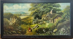 Antique British Signed & Dated Oil Painting Mother & Child by Cottage Landscape