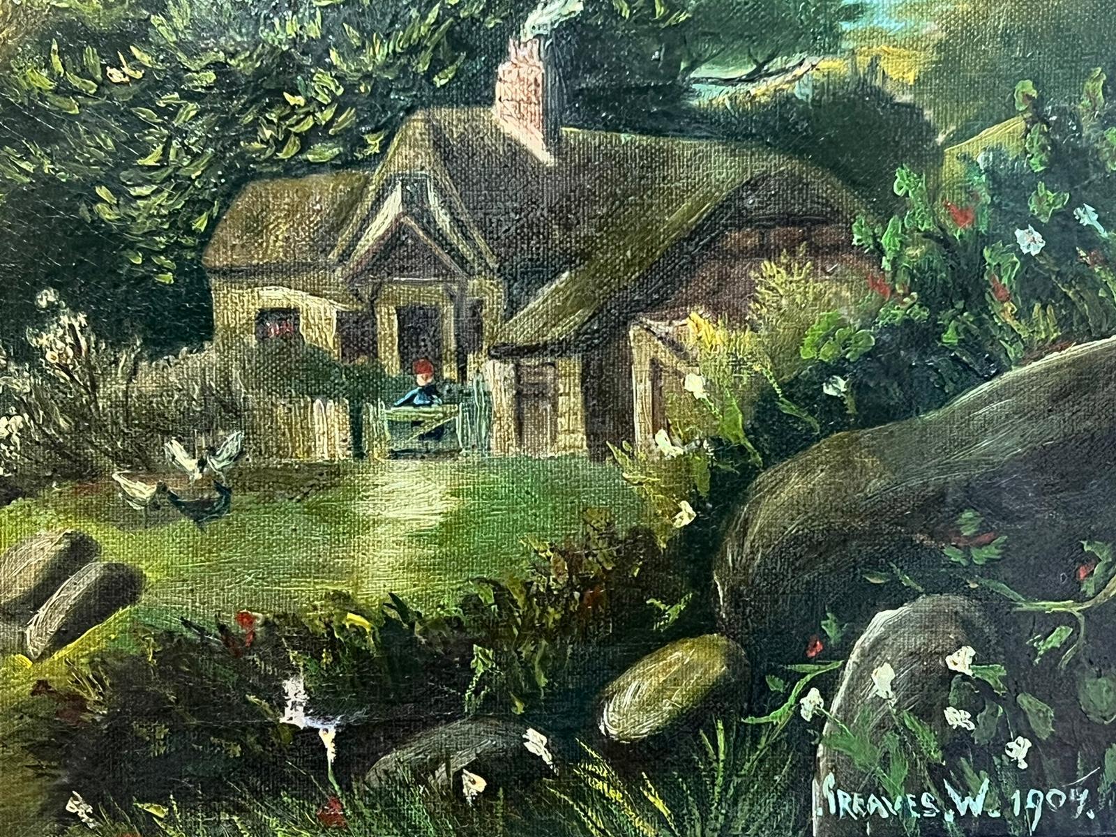 Antikes britisches signiertes und datiertes Ölgemälde Mutter und Kind von Cottage Landscape (Viktorianisch), Painting, von W Greaves