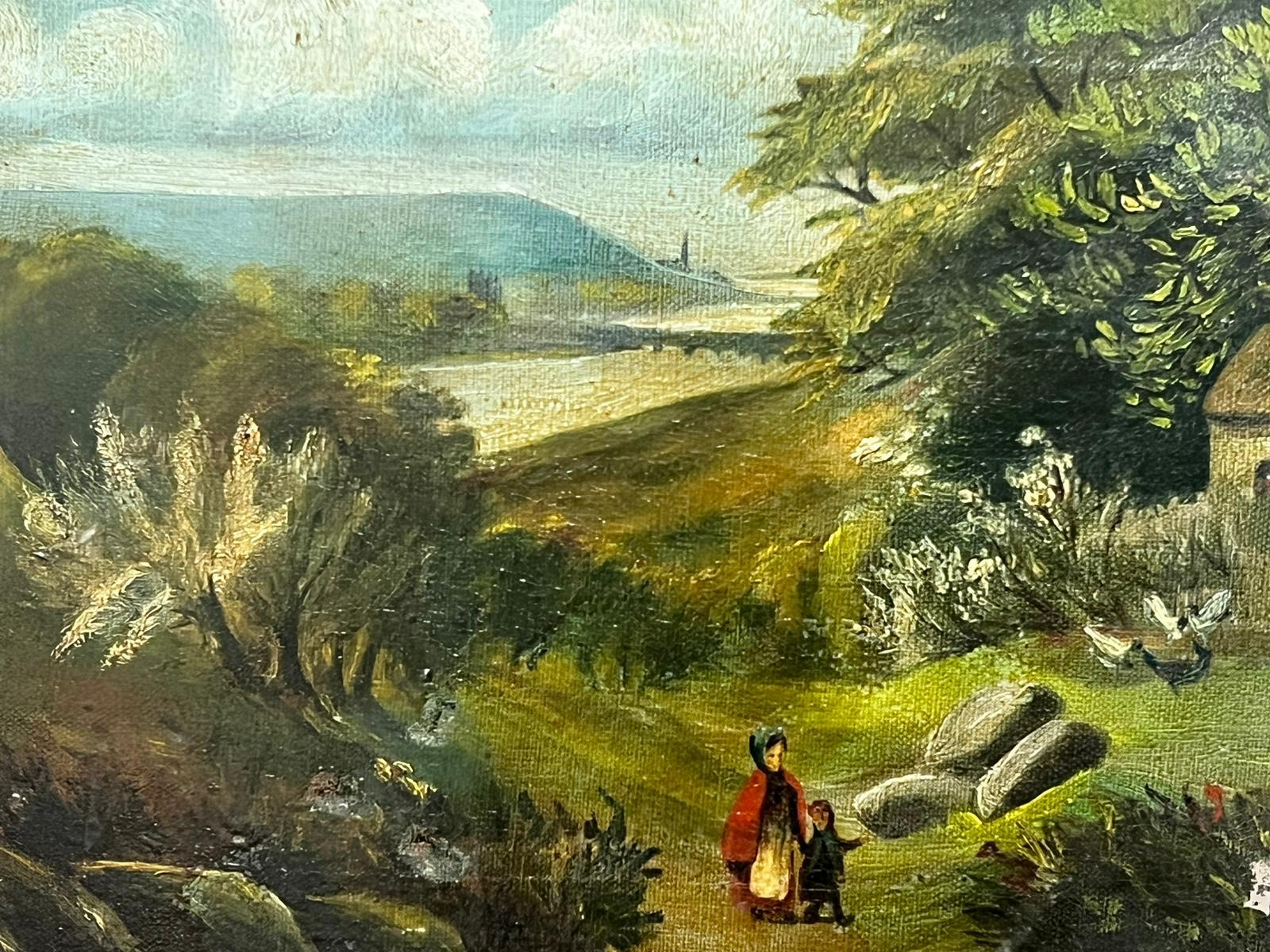 Antique British Signed & Dated Oil Painting Mother & Child by Cottage Landscape For Sale 1