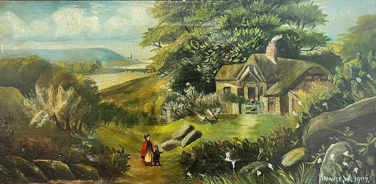 W Greaves Figurative Painting – Antikes britisches signiertes und datiertes Ölgemälde Mutter und Kind von Cottage Landscape