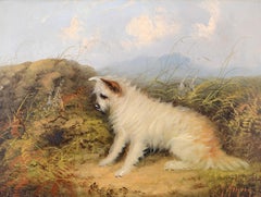 Terrier in a Landscape - 19th Century Antique Dog Portrait Oil Canvas Painting