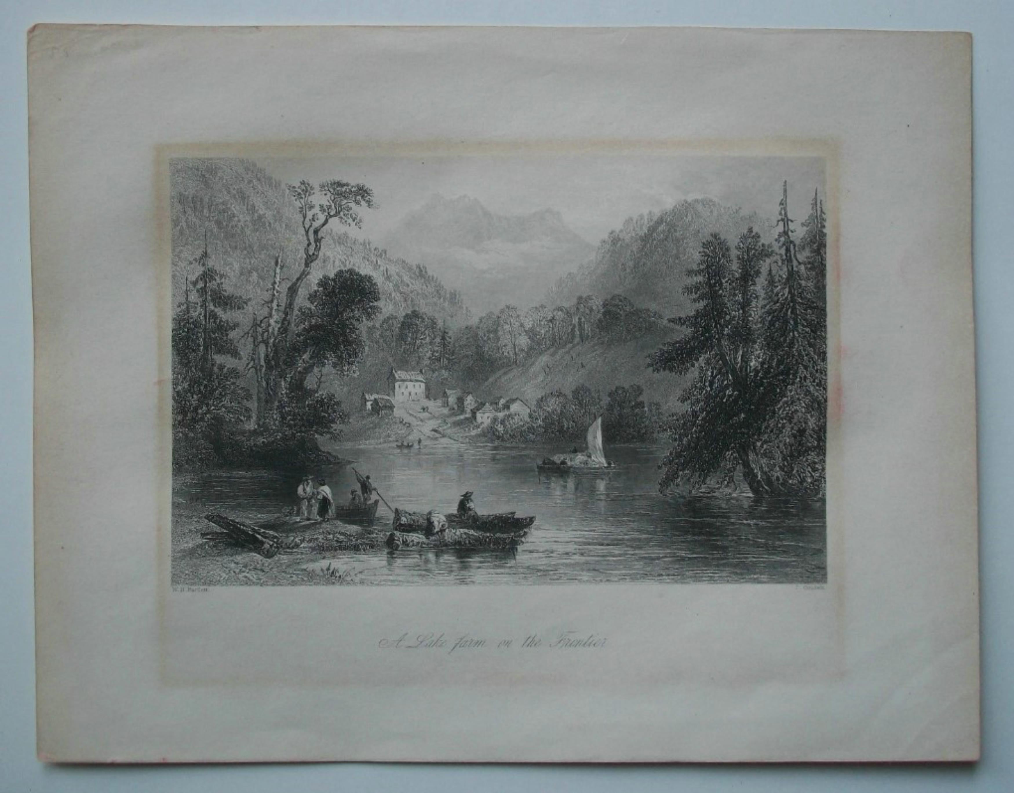 W. H. BARTLETT - A Lake Farm on the Frontier - Framed Engraving - Circa 1841 (19. Jahrhundert) im Angebot
